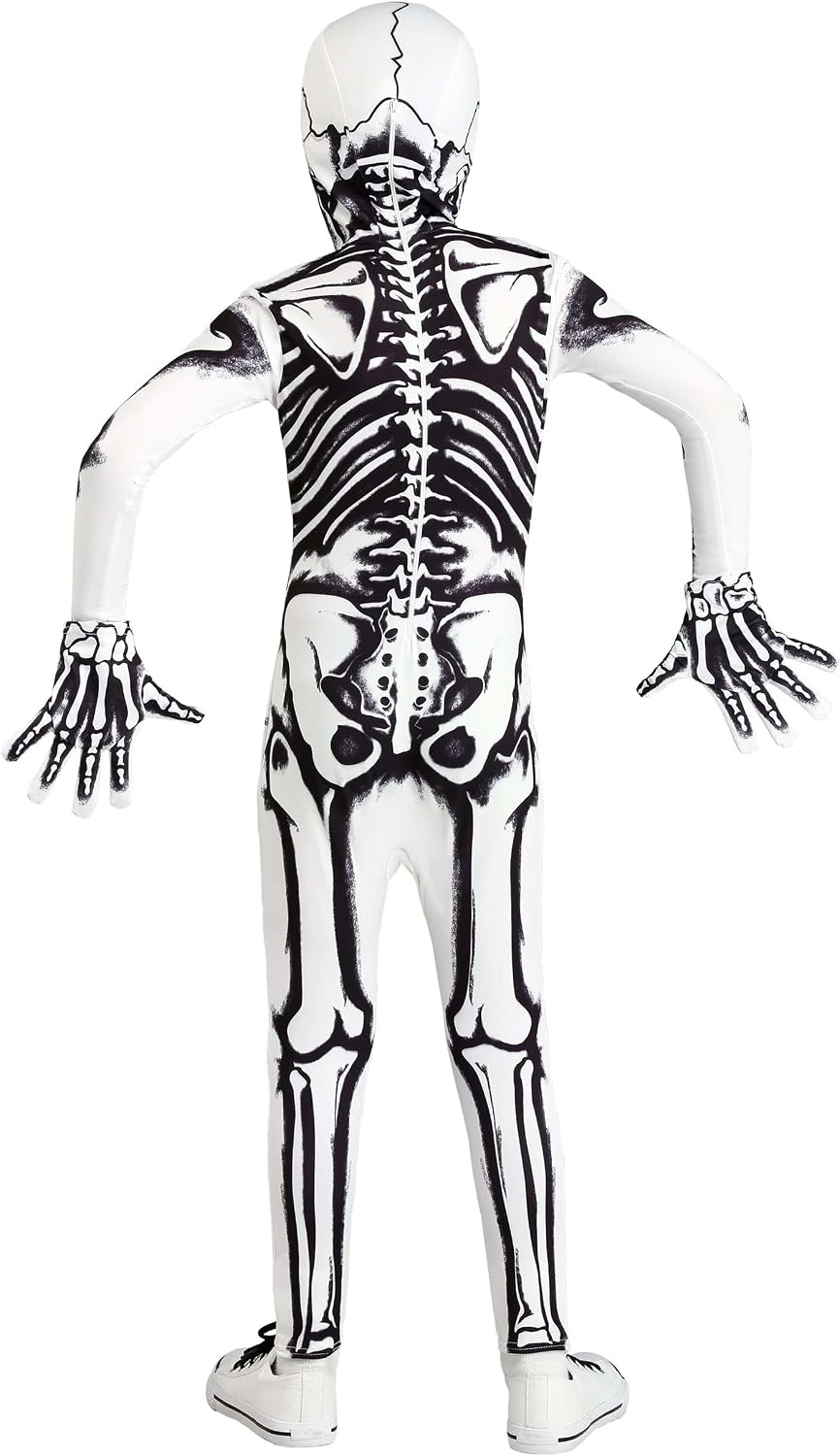 Kids Skeleton Costume - Undead Bone Halloween Costume with Full Head Mask - White Bodysuit For High Night Visibility