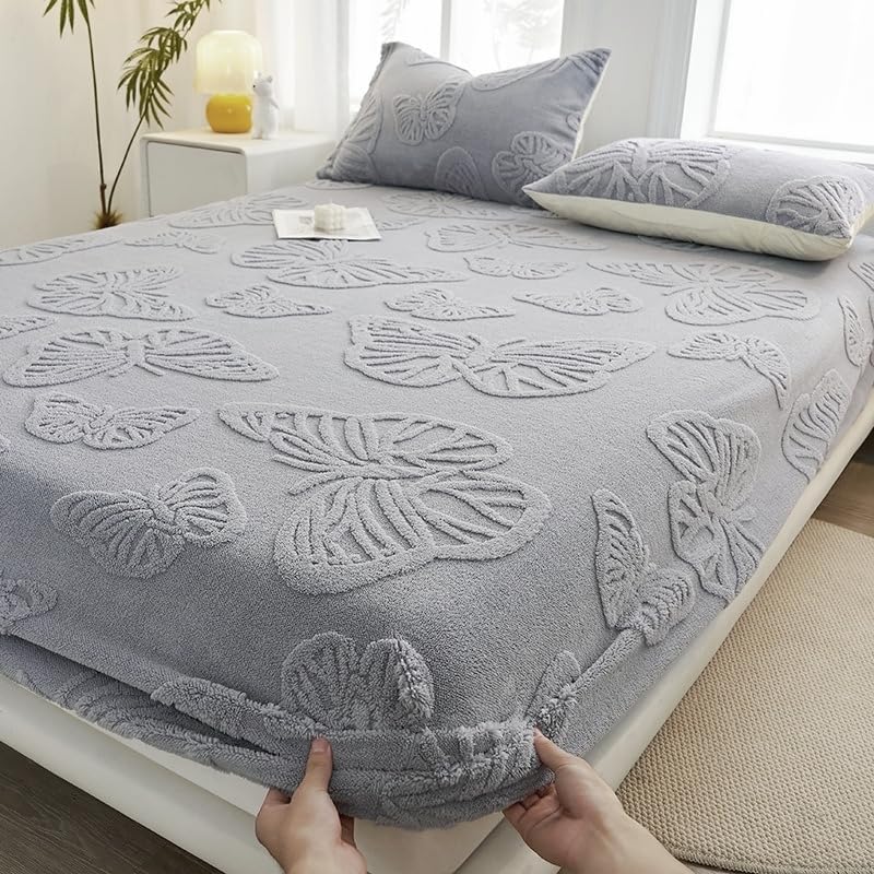 Flannel Velvet Bed Sheet, Winter Super Soft Cosy Plush Shaggy Taffeta Elastic Fitted Sheet with 11" Deep Pocket, Suitable for Fall Winter and Spring, No Pillowcas (Light Gray, Cal-King 78"x86")