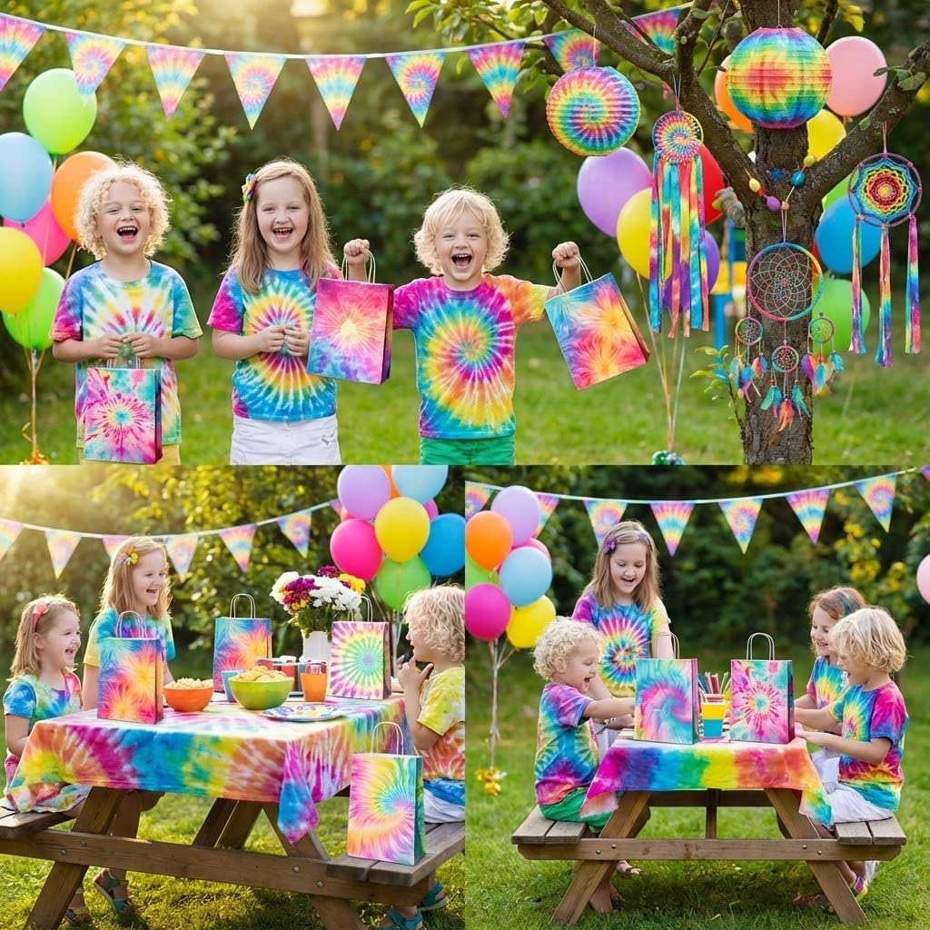 JOYGATHER 24 Pcs Tie Dye Party Favors Bags with Handles, Colorful Rainbow Goodie Gift Candy Kraft Paper Bags with 6 Different Types for Kids Adult Birthday Baby Shower Party Supplies Decorations - Image 7