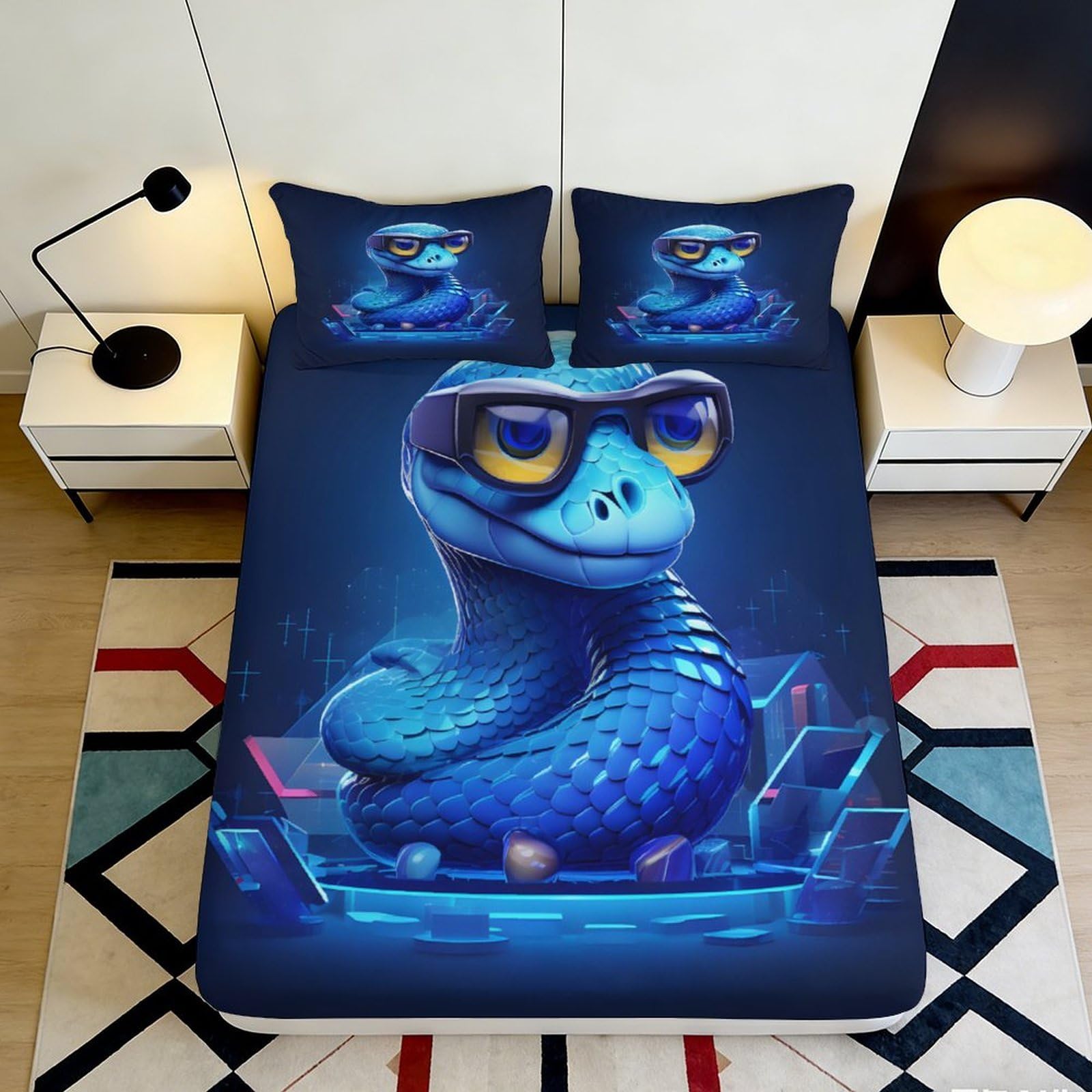 Dhbaneiok Style-6 3D Printed Blue Snake Fitted Sheet Microfiber Soft Anti-Slip Cartoon Reptile Bed Cover For Bedroom Dorm Decor 90X200x25cm