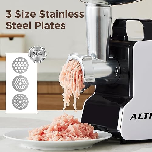 Miniatura 4 de Picadora de carne eléctrica, máquina de salchichas, picadora de carne con Hanlde, 2 cuchillas de acero inoxidable y 3 placas de molienda de acero