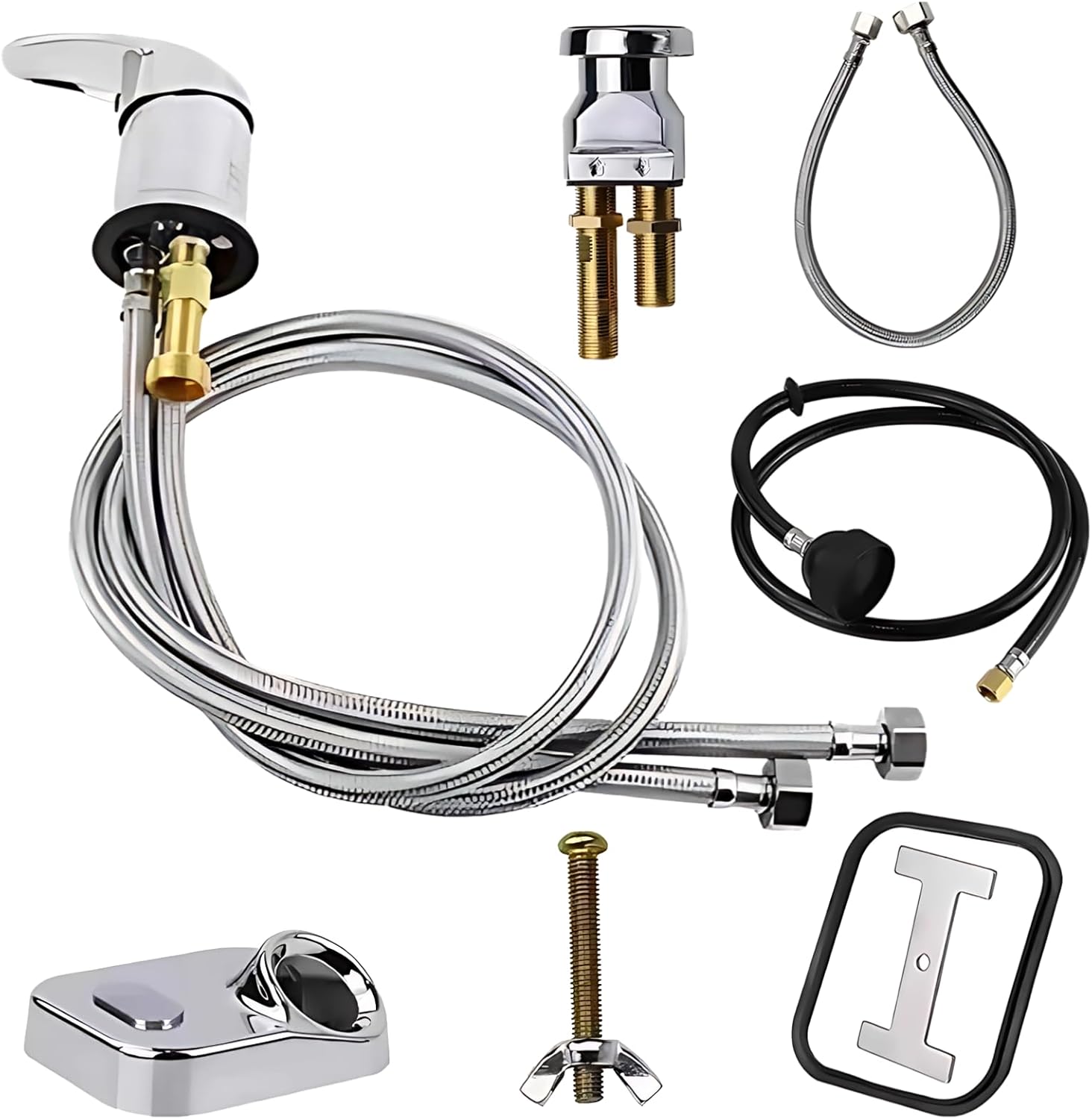 Shampoo Bowl Faucet Kit, 7 Pcs Sprayer Hose Set with Vacuum Breaker, Chrome Plated Replacement Parts