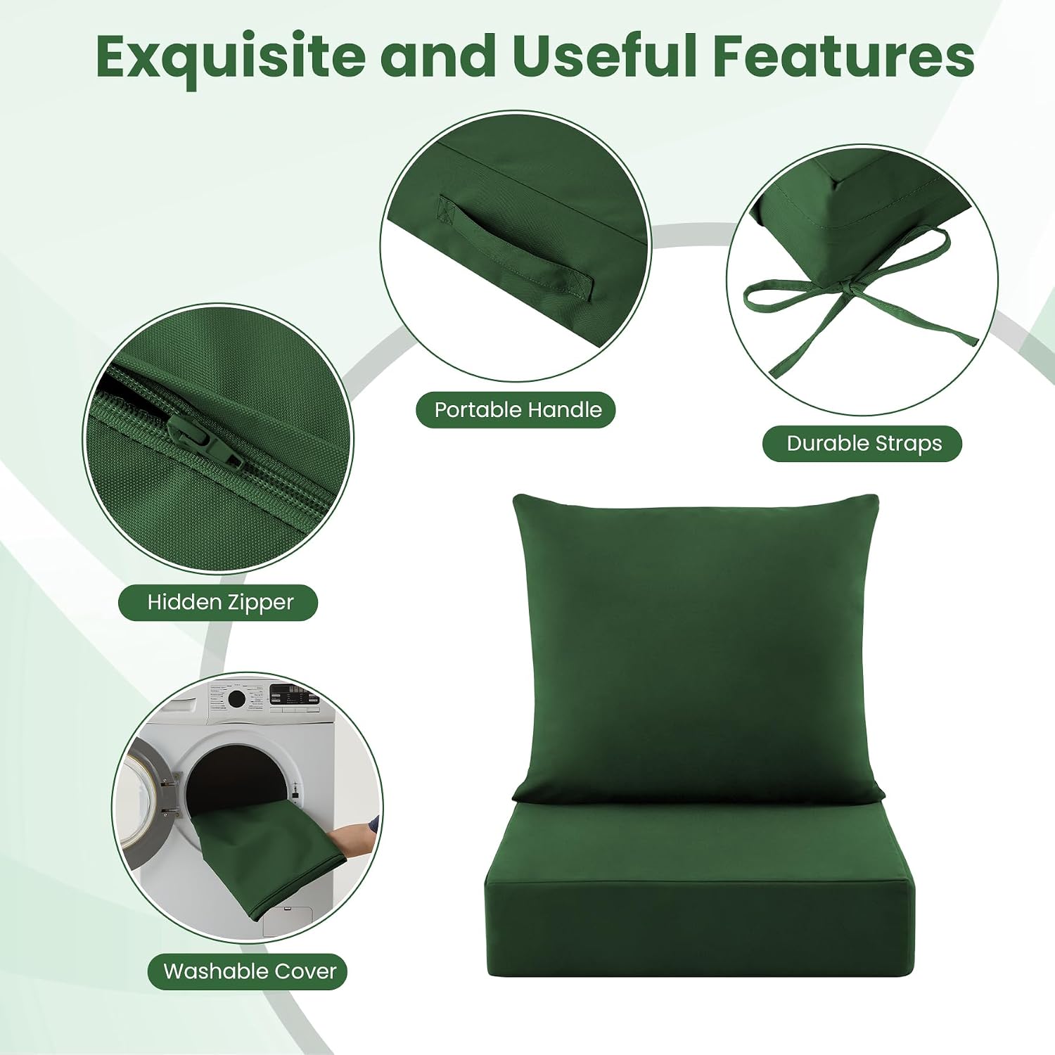 Patio Cushions for Outdoor Furniture, 24x24 Outdoor Couch Cushions, Waterproof & Fade-Resistant Patio Chair Cushions with Removable Cover, Replacement Outdoor Deep Seat Cushion, Forest Green(Set of 1) thumbnail
