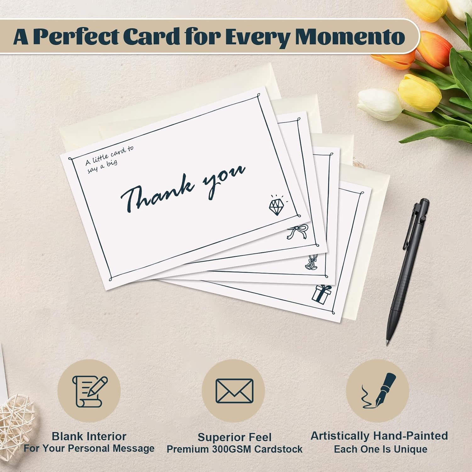 32 Pack Thank You Cards with Envelopes and Sealing Stickers, 4x6 Inch Blank Notes, Hand Painted Designs, 300gsm Premium Cardstock, Bulk Cards for Wedding, Graduation, Baby Shower, Anniversaries - Image 4
