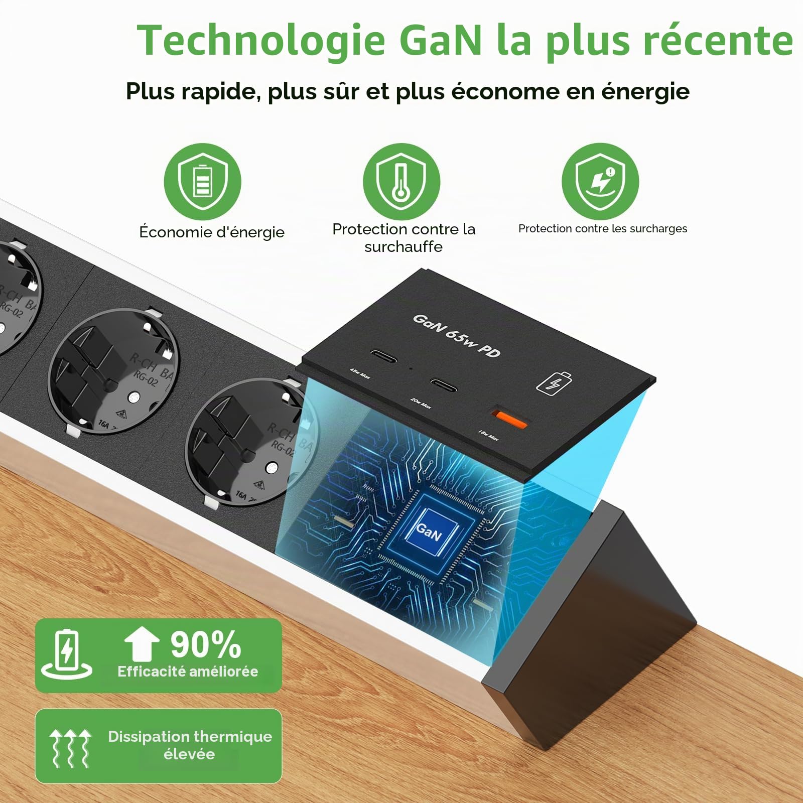 Multiprise de Table à 3 Prises avec 2 USB C GaN PD 65 W, multiprise de Bureau avec Interrupteur, câble de 3 m, 16 A