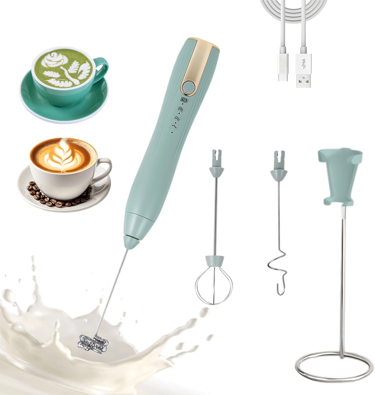 Rechargeable Milk Frother Handheld,Kitchen Essentials Hand Mixer with 3 Stainless Whisks Heads,Electric Whisk Frother for Latte, Cappuccino,Matcha, Egg, Milk Powder,with Stand (green) Rechargeable Milk Frother Handheld,Kitchen Essentials Hand Mixer with 3 Stainless Whisks Heads,Electric Whisk Frother for Latte, Cappuccino,Matcha, Egg, Milk Powder,with Stand (green)
