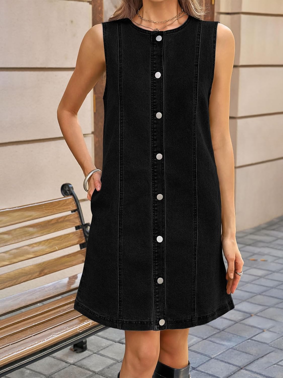 Yousify Womens Sleeveless Denim Overalls Dresses Summer Button Down A Line Jean Mini Romper Dress with Pockets - Image 4