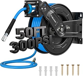 Relhost 50ft Retractable Air Hose Reel - 3/8in Hybrid Hose 300 PSI, Heavy Duty Auto Rewind Steel Wall/Ceiling Mount for Garage Workshop