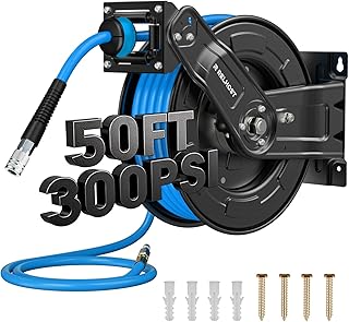 Retractable Air Hose Reel, 50 ft x 3/8 in Hybrid Air Hose Max 300PSI, Heavy Duty Air Compressor Hose Reel with Auto Rewind, Ceiling/Wall Mount for Garage, Workshop, Home Studio
