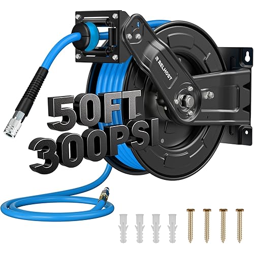 Retractable Air Hose Reel, 50 ft x 3/8 in Hybrid Air Hose Max 300PSI, Heavy Duty Air Compressor Hose Reel with Auto Rewind, Ceiling/Wall Mount for Garage, Workshop, Home Studio