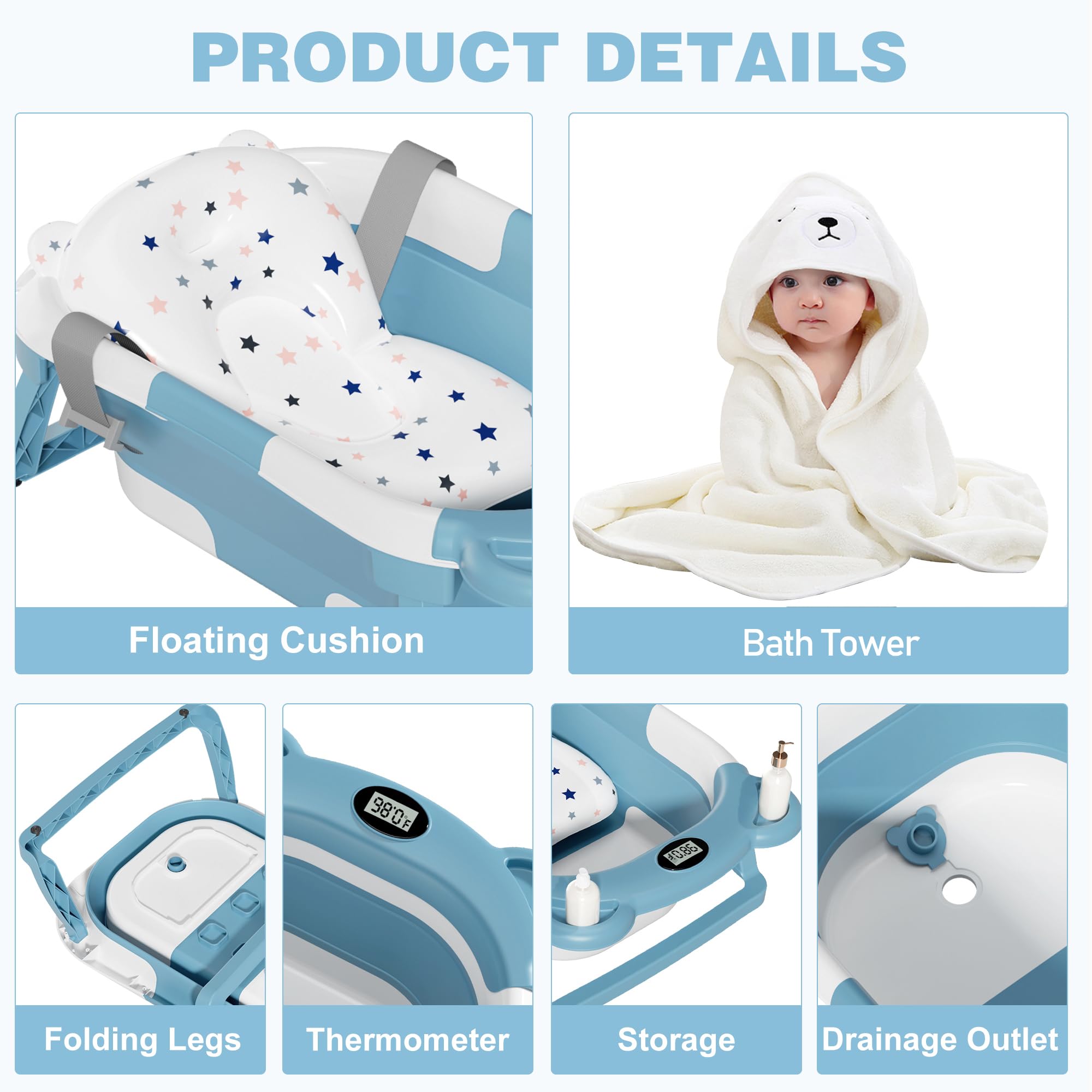 Morefeel Bañera para bebé con cojín suave y termómetro, bañera plegable portátil de viaje con agujero de drenaje, bañera plegable duradera para bebés recién nacidos a niños pequeños (azul)