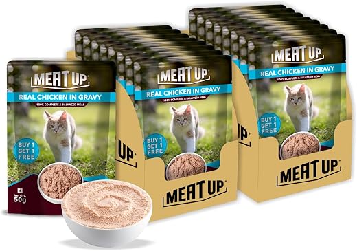 Meat Up Adult Cat Wet Food (50g x 8), 400g + 400g (Free) | Real Chicken in Gravy | Supports Heart &amp; Vision Health | Health...
