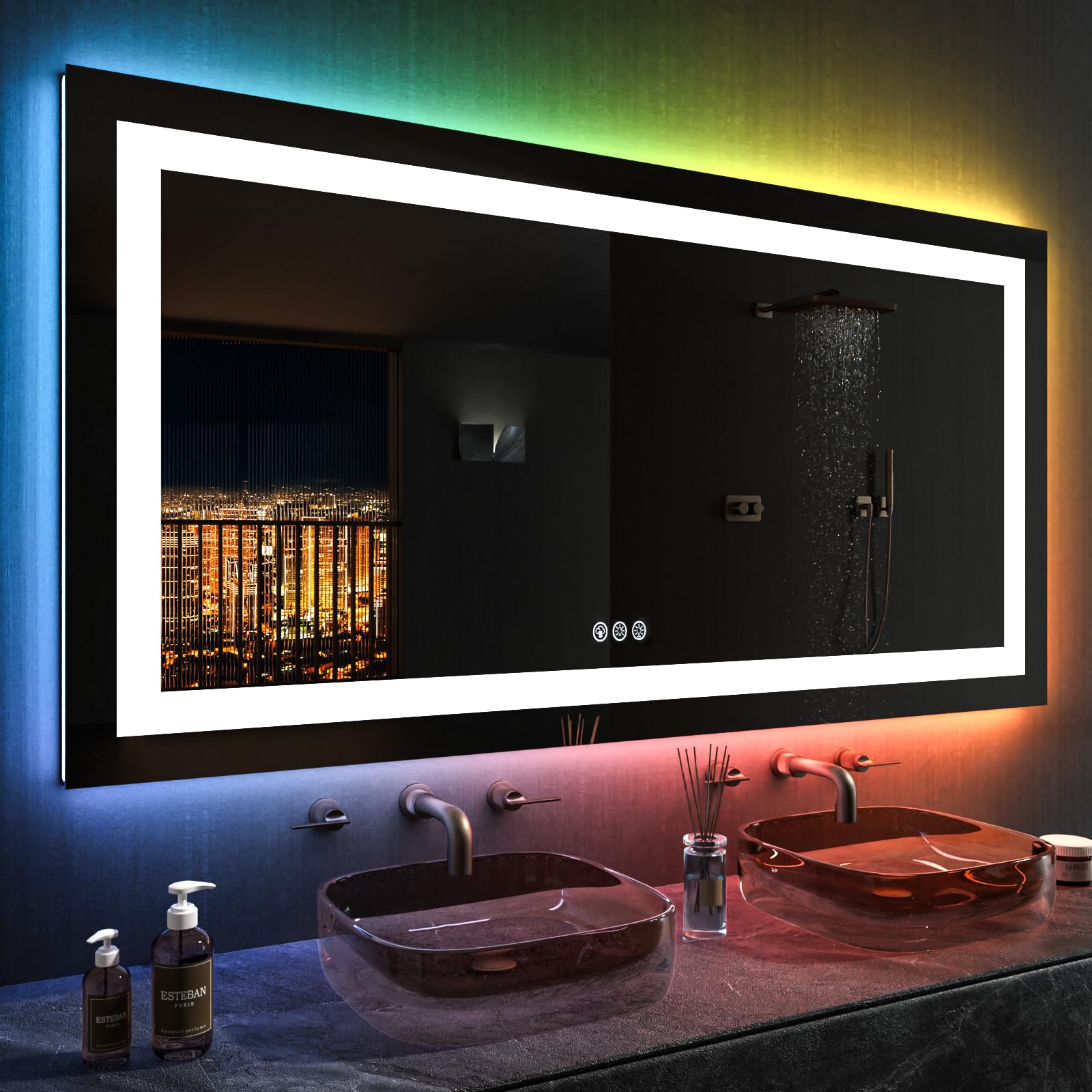 LOAAO 55X30 Inch RGB LED Bathroom Mirror with Lights, Anti-Fog, Dimmable Lighted Bathroom Vanity Mirror, Colorful Multiple Light Modes, RGB Backlit + Front Light, Memory Function