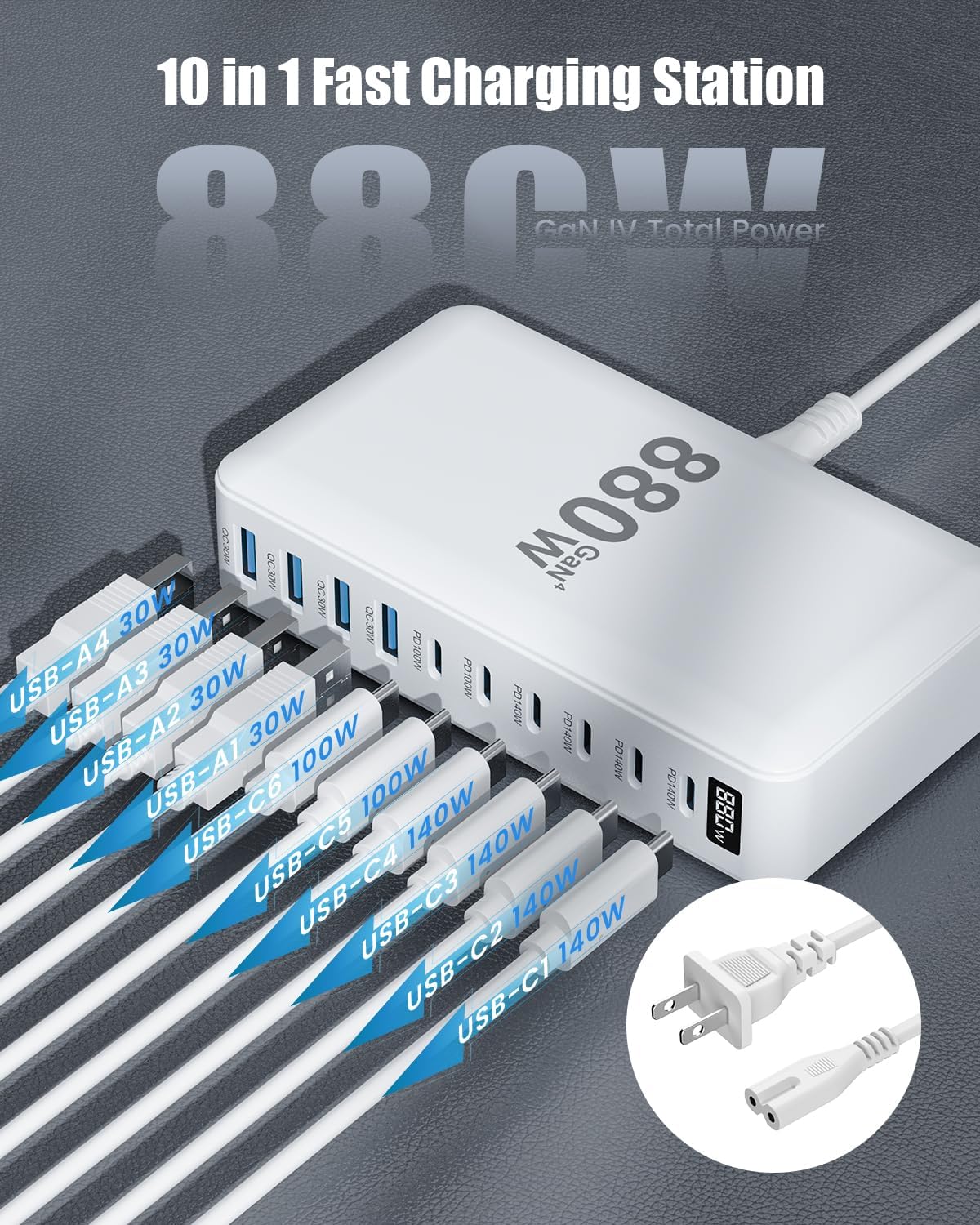 880W USB C Charger Block,10-Port USB C Charging Station GaN IV Travel Essentials Multiple Port Charging Station,140W Laptop Fast Charger Adapter for MacBook Pro/Air,DELL,iPad,iPhone,Samsung Galaxy