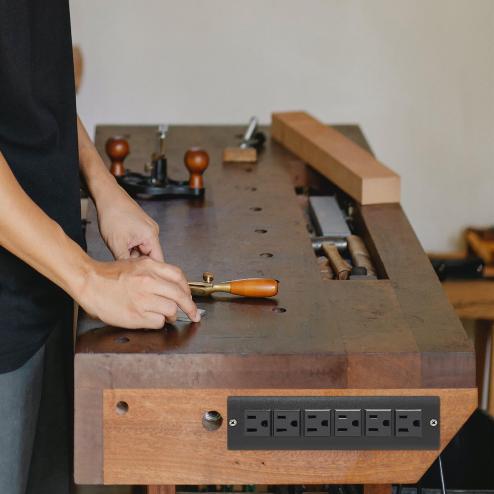 Unterputz-Stromleiste ohne USB, industrielle Werkstatt-Montage und Ladestation mit 6 Steckdosen, Flachsteckdose, 2,5 m, Schwarz