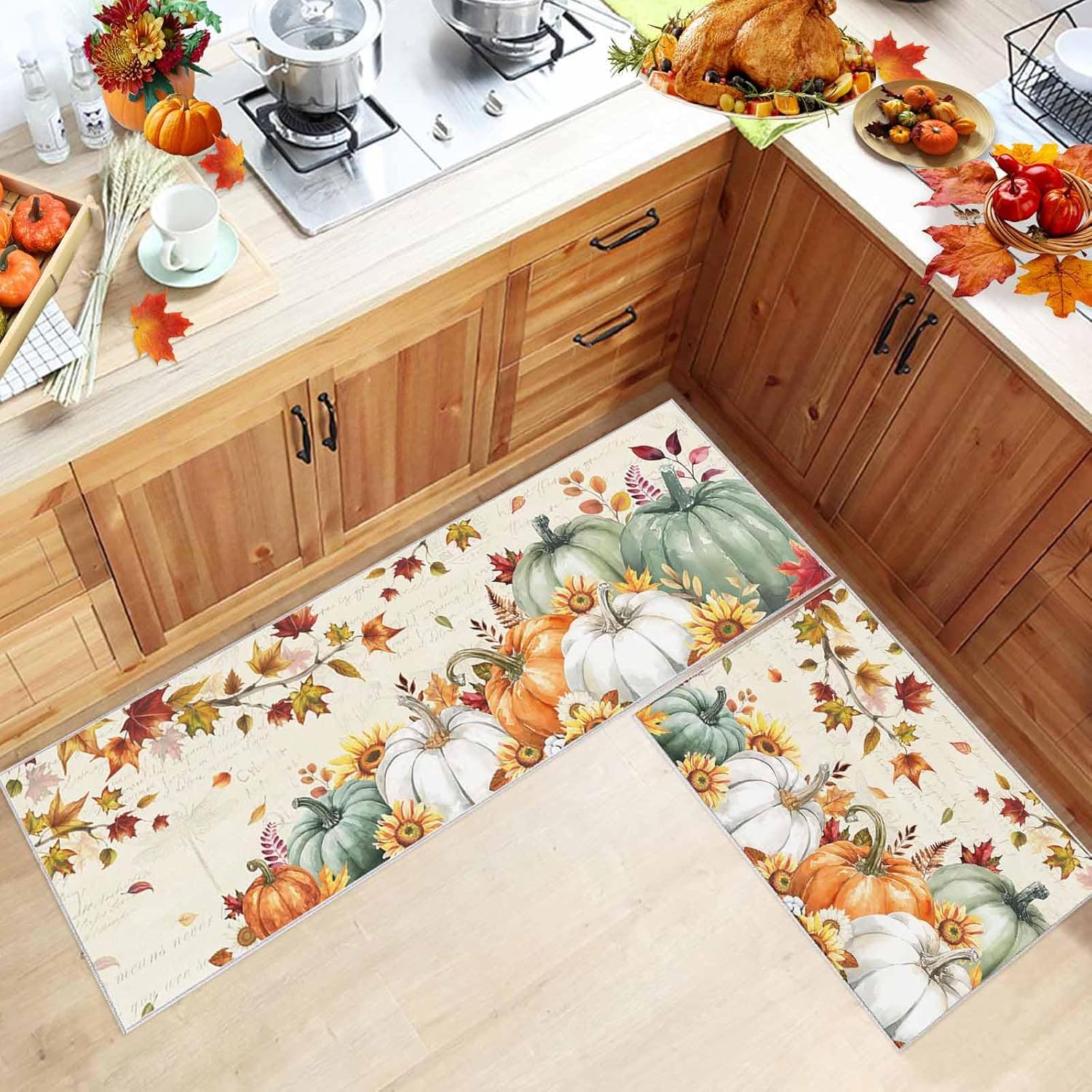 Thanksgiving Fall Kitchen Rug Runner, Non Slip Door Mat, Maple Leaf Pumpkins Green Orange Kitchen Floor Mats Area Rug for Living Room Bath Doormat Indoor Carpet Set (20x31.5IN+20x63IN)