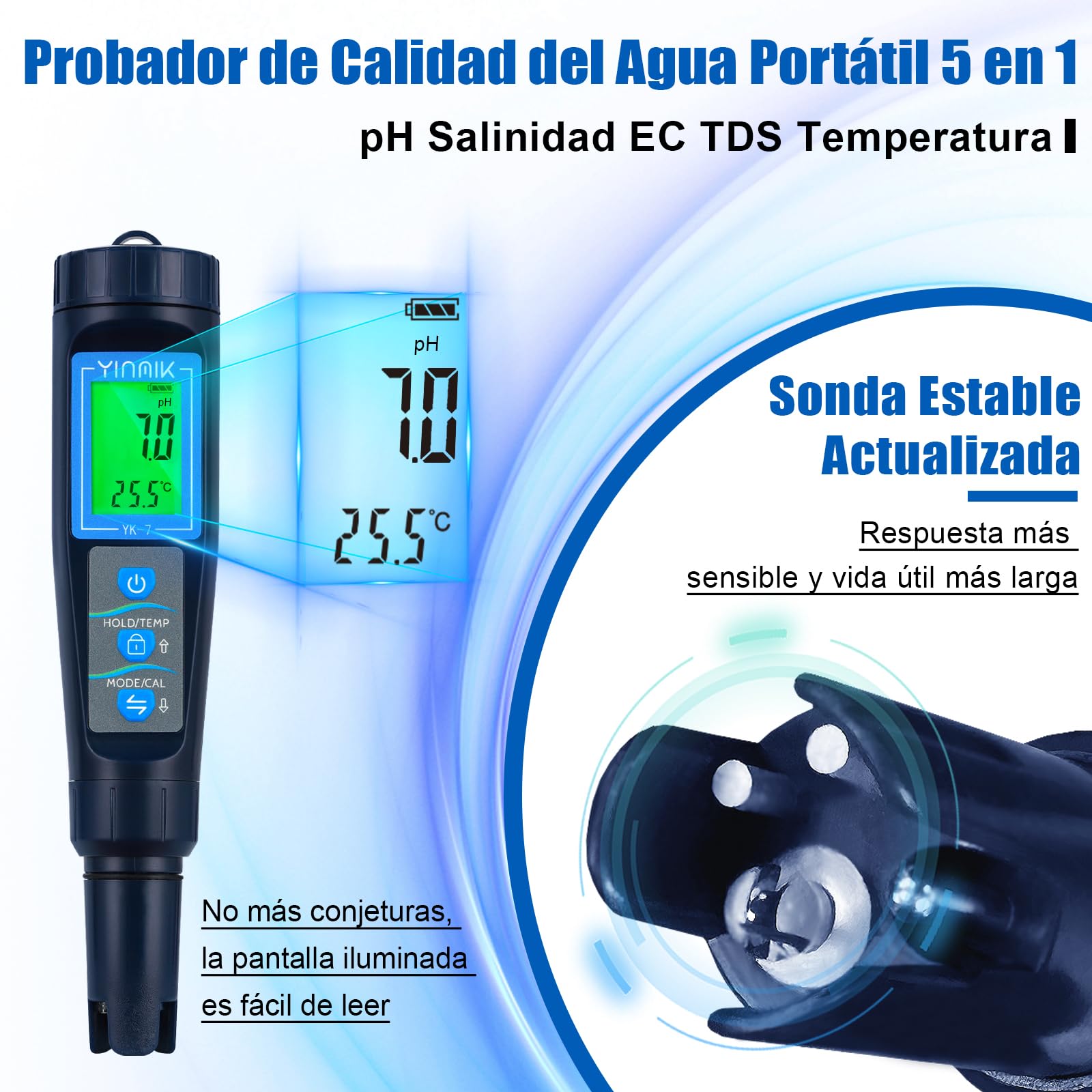 5 en 1 Medidor de pH Salinidad TDS EC Temp para Piscina de Agua Salada, Acuario Koi, Hidropónico