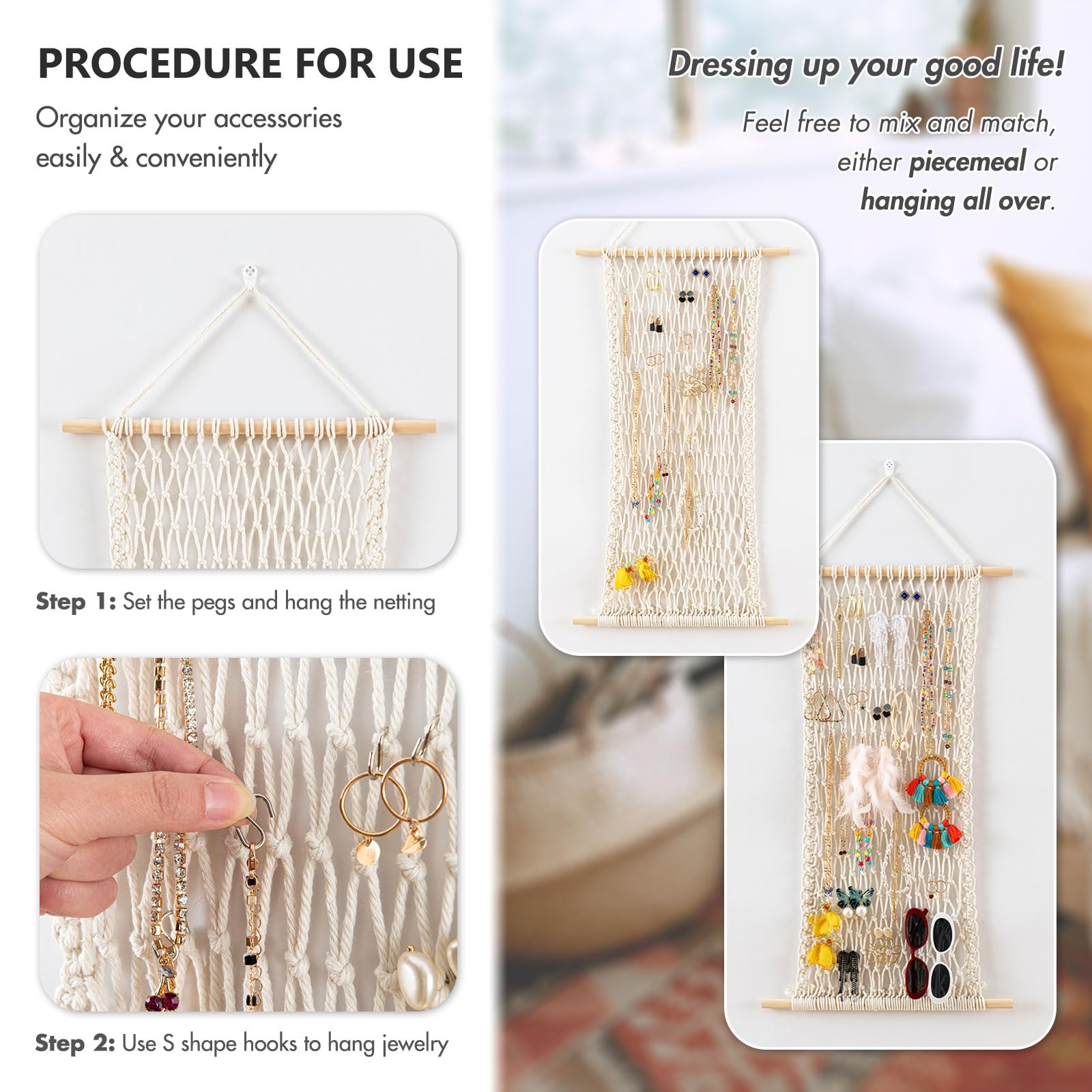 Pretty Jolly Organizer da appendere in rete per gioielli, macramè, da parete, per collane, orecchini, per ragazze, con 20 ganci a forma di S, per bracciali, collane e anelli (giallo)
