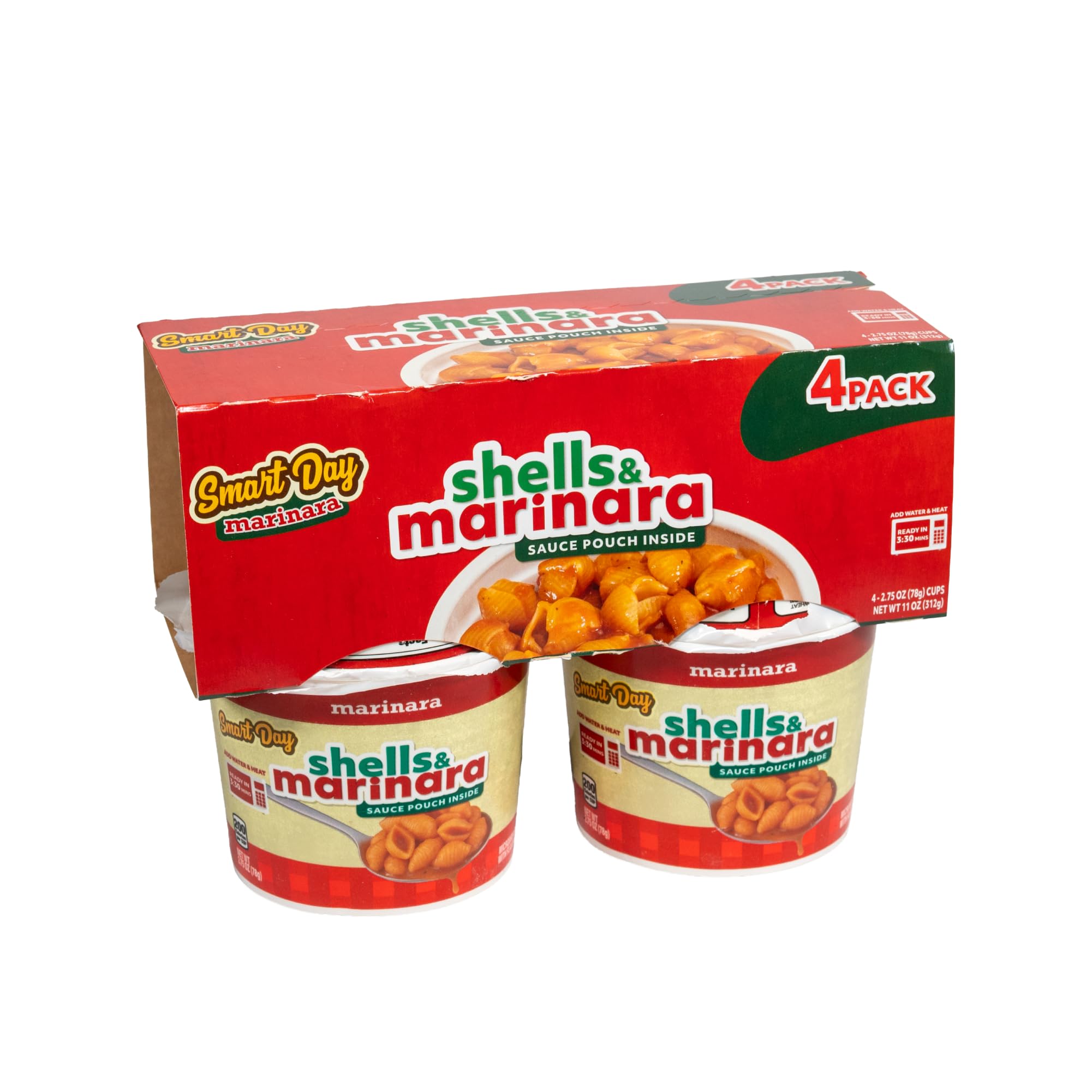 Smart Day Pasta in a Cup, 4-Pack, Quick & Delicious Instant Pasta Meal, Shelf-Stable, Ready in 3.5 Minutes, Sauce Pouch Included in Each Cup. (MARINARA)