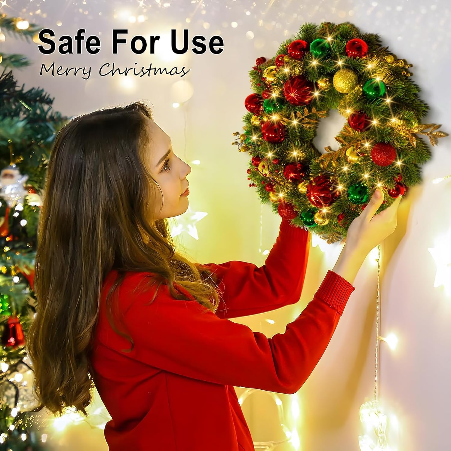 Avoalre Weihnachtskranz 40cm 40LEDs Lichterketten Timer Batteriebetrieben Künstlicher Kranz 8 Modi Innen Weihnachtsdeko mit Christbaumkugeln Türkranz für Weihnachten Fenster Tür | Künstlicher Kranz 8 Modi Innen Weihnachtsdeko mit Christbaumkugeln Türkranz