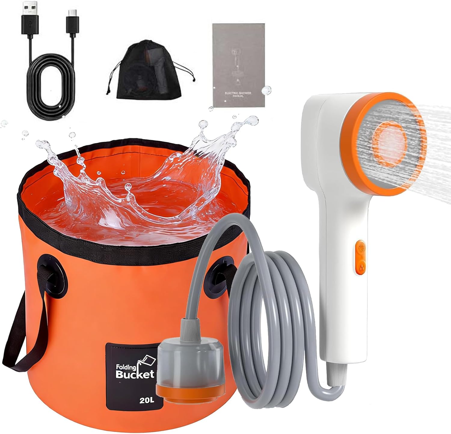 Portable Shower for Camping - 2500mAh Rechargeable Outdoor Shower with LED Light, 20L Large Capacity Foldable Bucket, Filtered Shower Head, Outdoor Shower for Camping, RV, Car Washing, Pet Bath