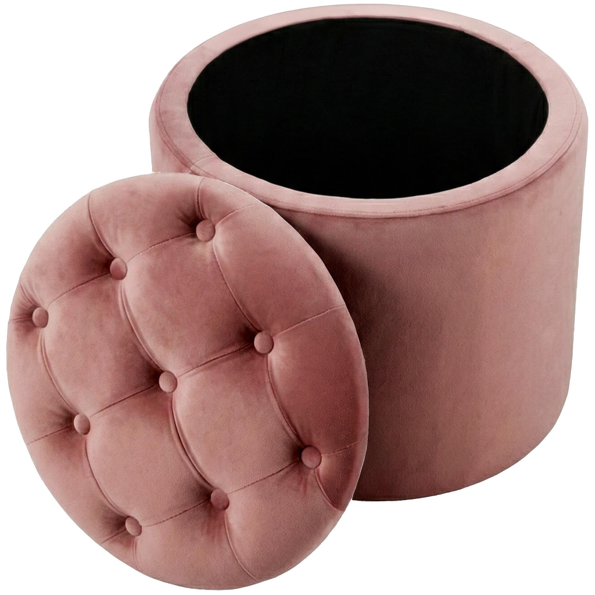 CLP Tabouret Rond avec Espace de Rangement Pantin Pouf capitonne en Velours Style Chesterfield pour Salon et Chambre Couleur Rose