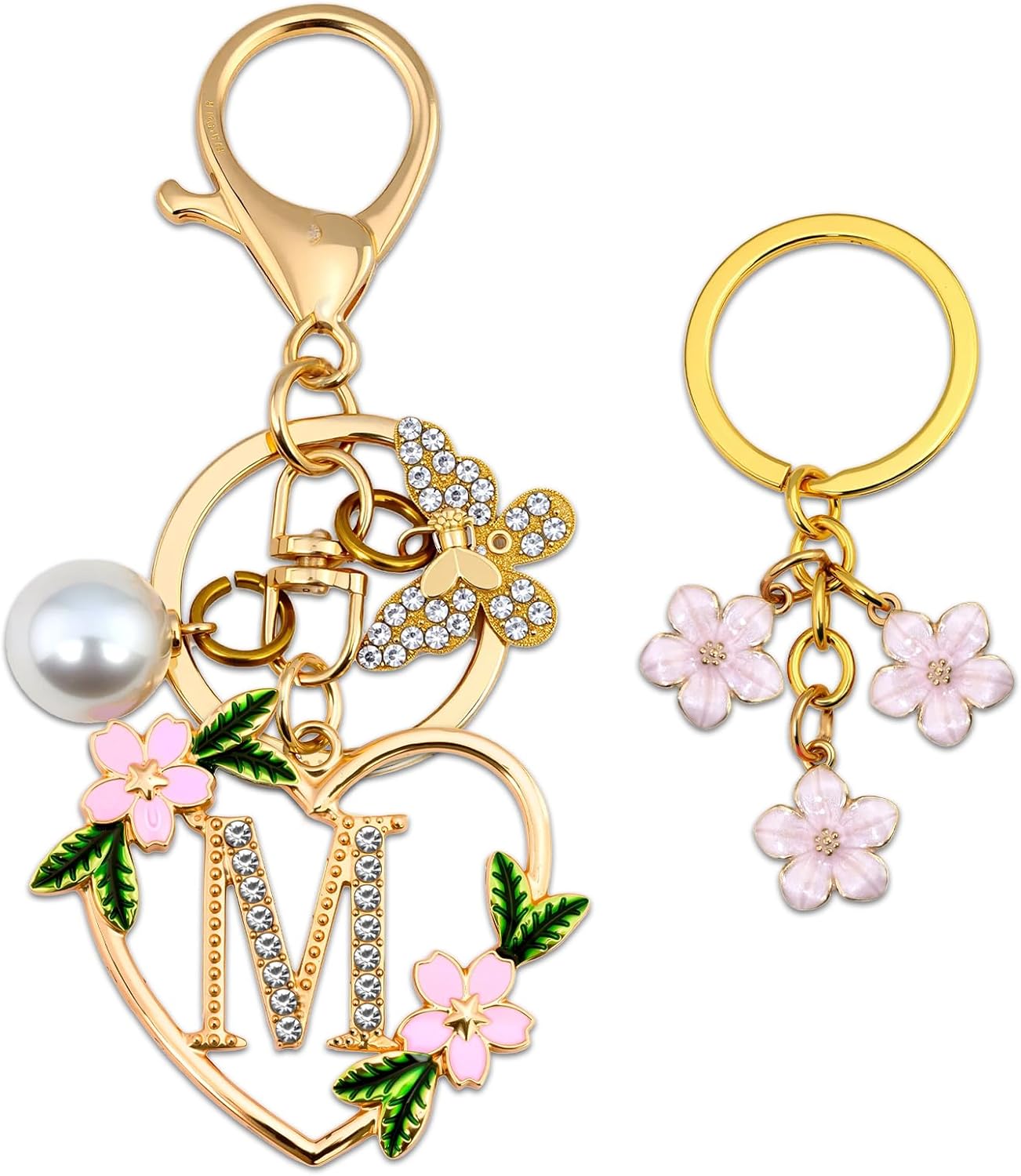 Initial Letter Keychain for Women with Butterfly Pendant Cubic Zirconia Heart Keyring Flower Charm for Wallet