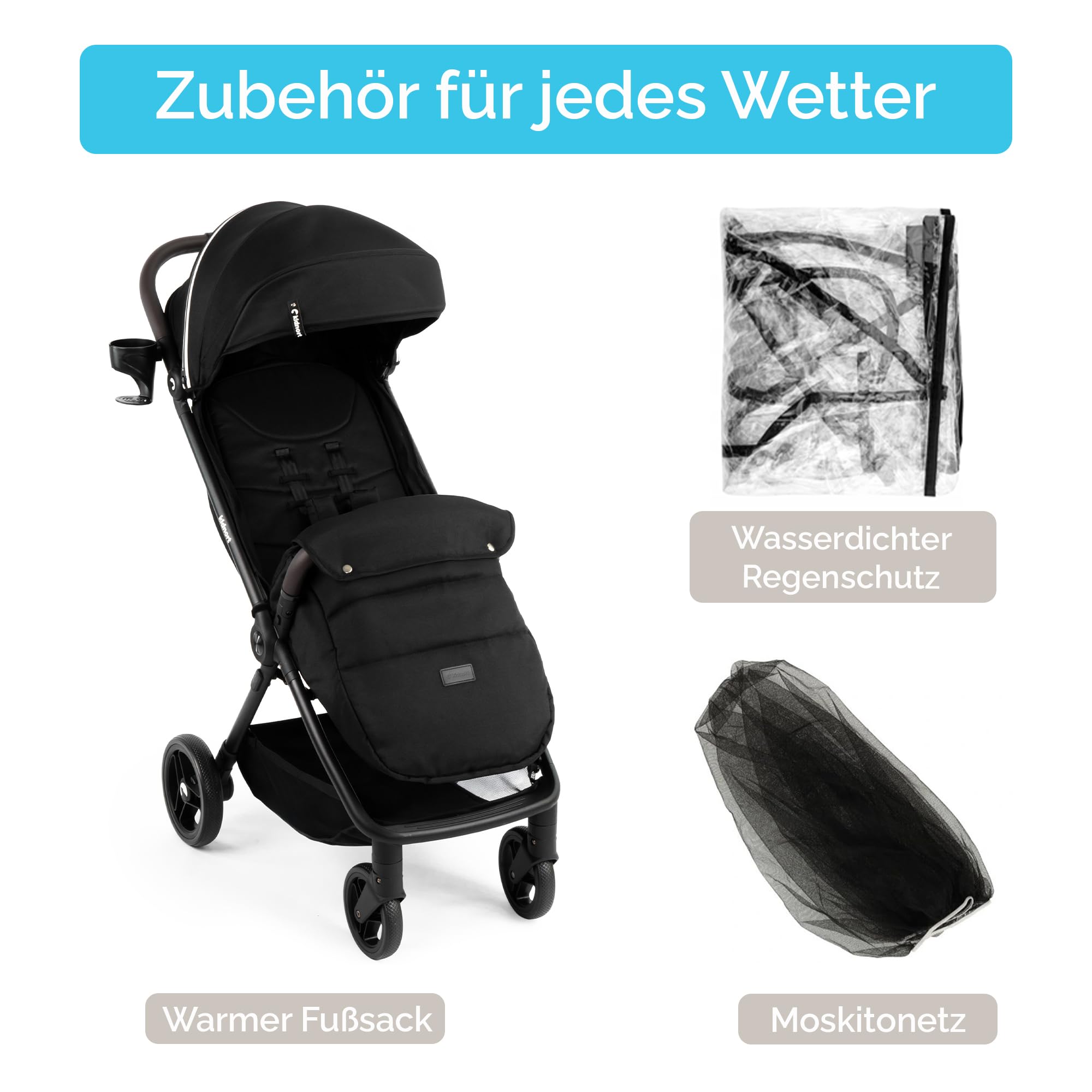 Snøugle Reisebuggy leicht faltbar mit Liegefunktion, Einhand-Faltung, bis 22 kg, 5-Punkt-Gurt, Federung, Verdeck Schwarz