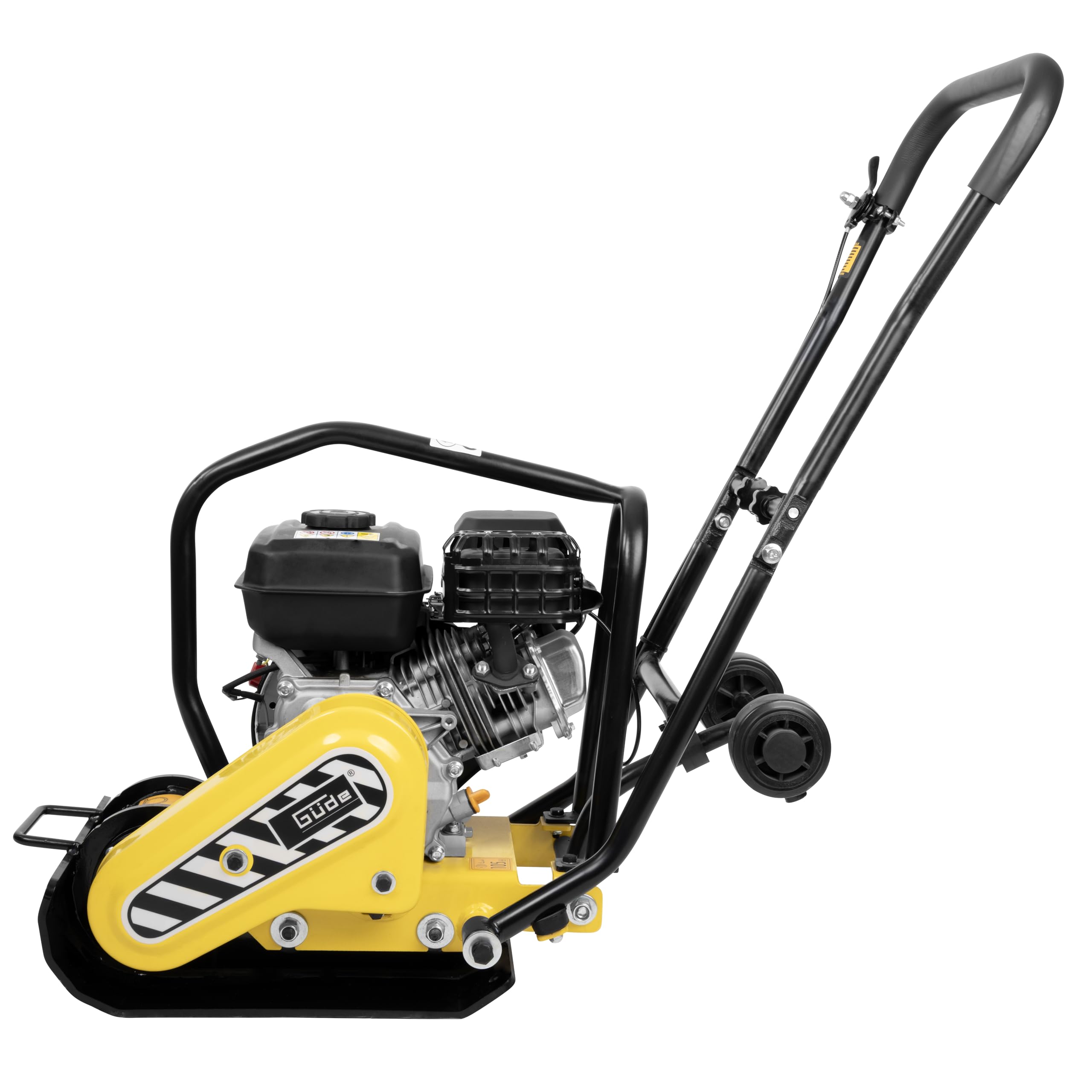 Güde GRP 50E Rüttelplatte - 4-Takt-Motor, 196 Kubikzentimeter Hubraum, 4,1 Kilowatt, 5,5 PS, 43 x 30 Zentimeter Arbeitsplatte, 8,5 kN Verdichtungsdruck, 20 m/min Vorlauf, Polyurethanmatte, Fahrwerk