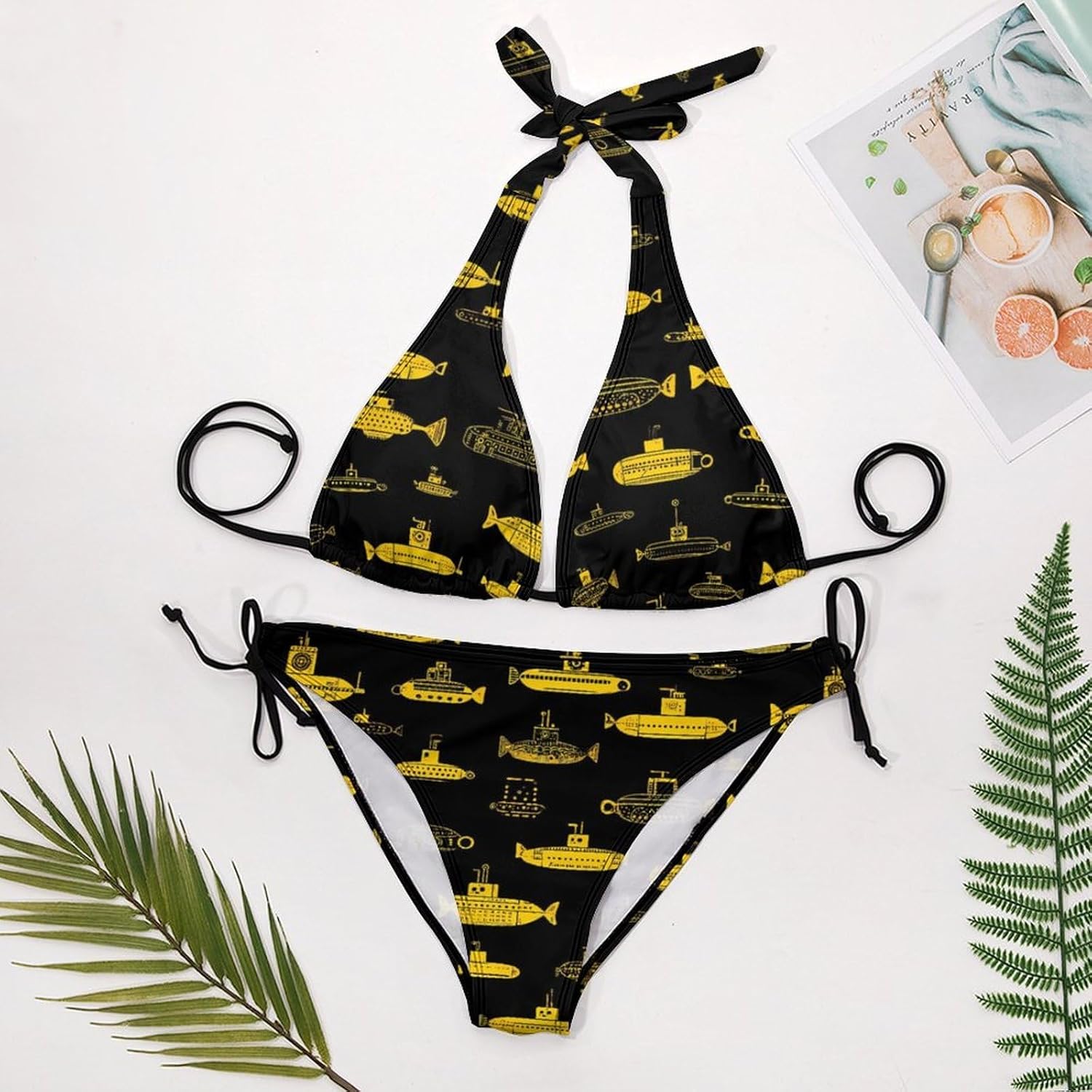 Submarine Pattern Novelty Women's 2 Piece String Bikini Set Swimsuits Bathing Suit Swimwear
