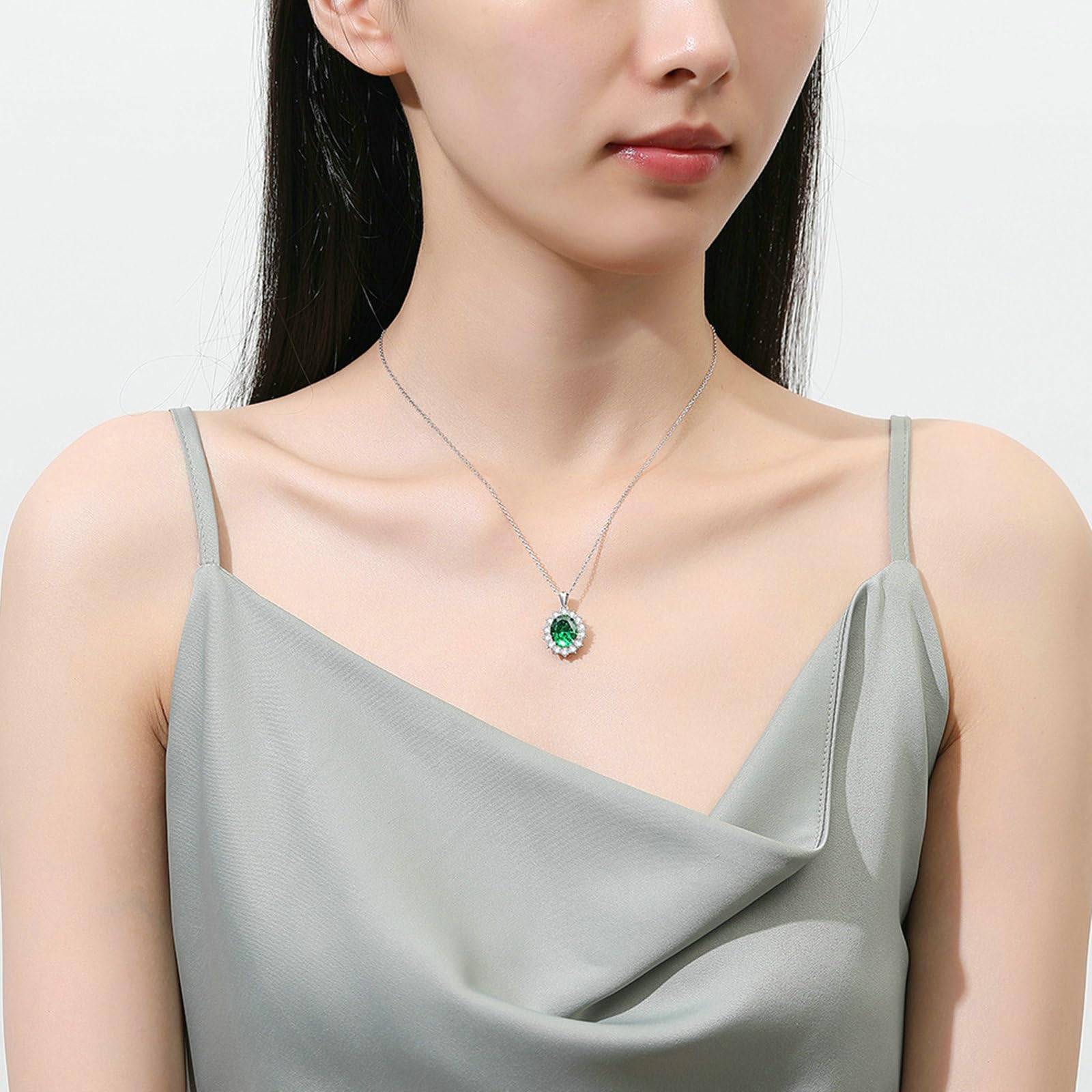 Collar de oro blanco real de 18 quilates con colgante para mujer, collar con colgante de flor con topacio esmeralda ovalado, citrino de 4 quilates y moissanita, cadena de oro blanco 750 de 45