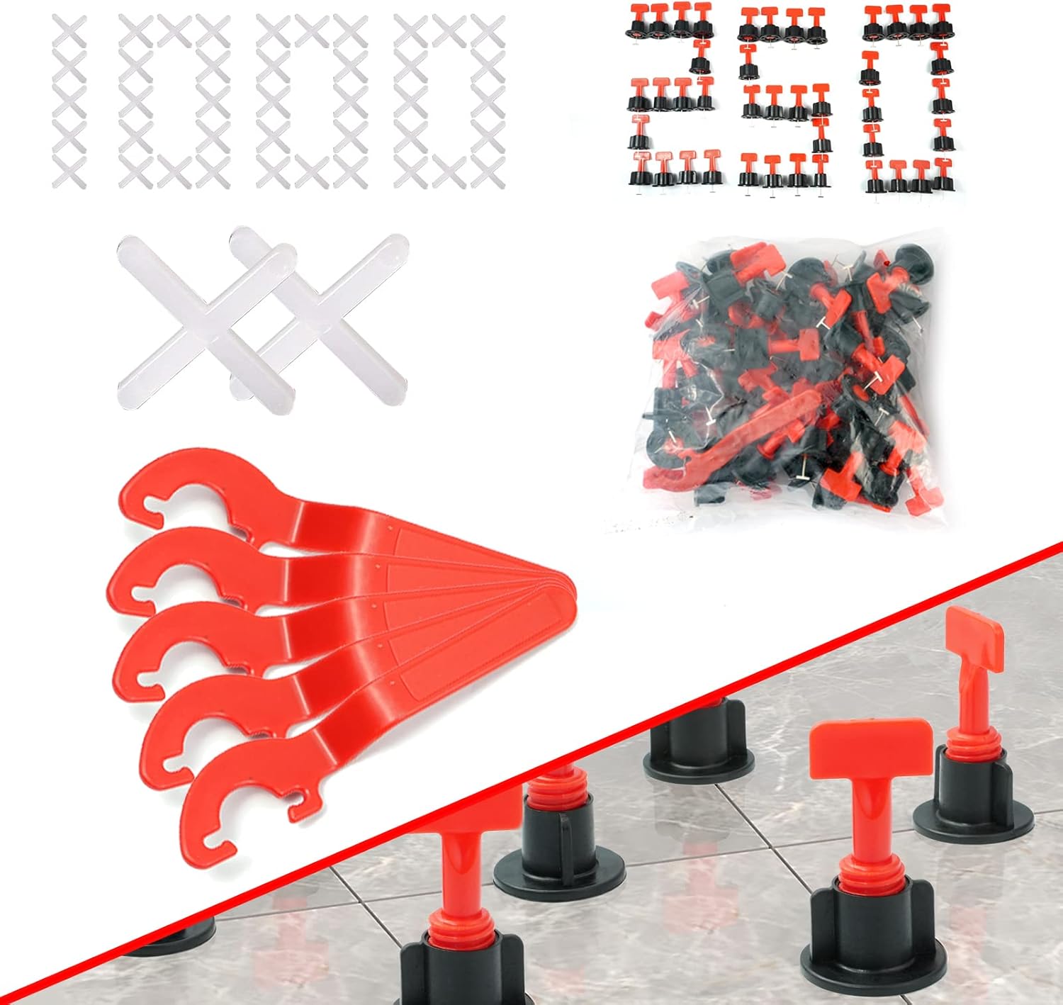 Tile Leveling System Kit with 250pcs Tile Leveler & 5 Special Wrenches