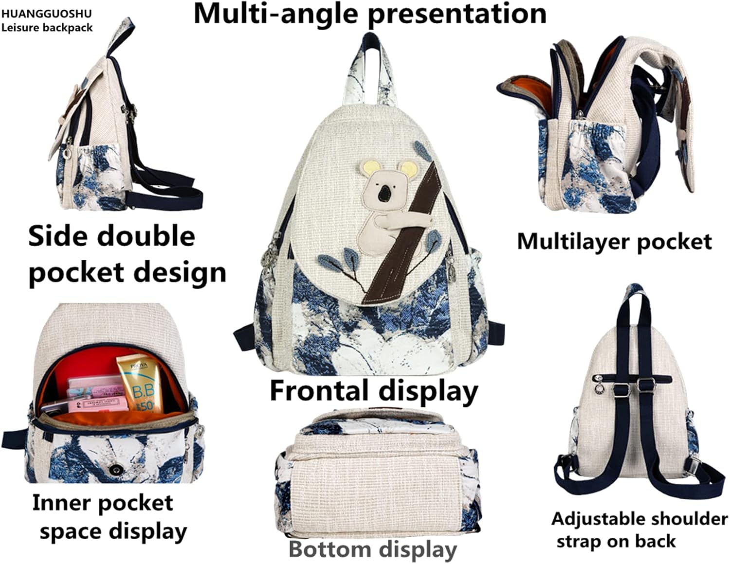 HUANGGUOSHU Boho and Bohemian Small Canvas Backpack Purse for Women - Adjustable Carry Sling Bag, Embroidered and Woven Tapestry Patterns Brown Bear - Image 3