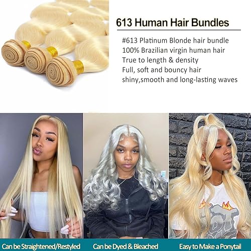 Miniatura 3 de Extensiones de cabello humano 613 rubio, ondulado, grado 12A, sin procesar, cabello humano virgen brasileño 613 para mujeres (1 paquete, 32 pulgadas)