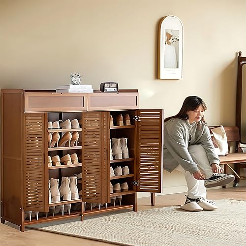 Miniatura 3 de HRDKJ Zapatero de bambú con puertas dobles, 7 capas, organizador de zapatos de gran capacidad para pasillo, dormitorio, sala de estar, cocina, baño,