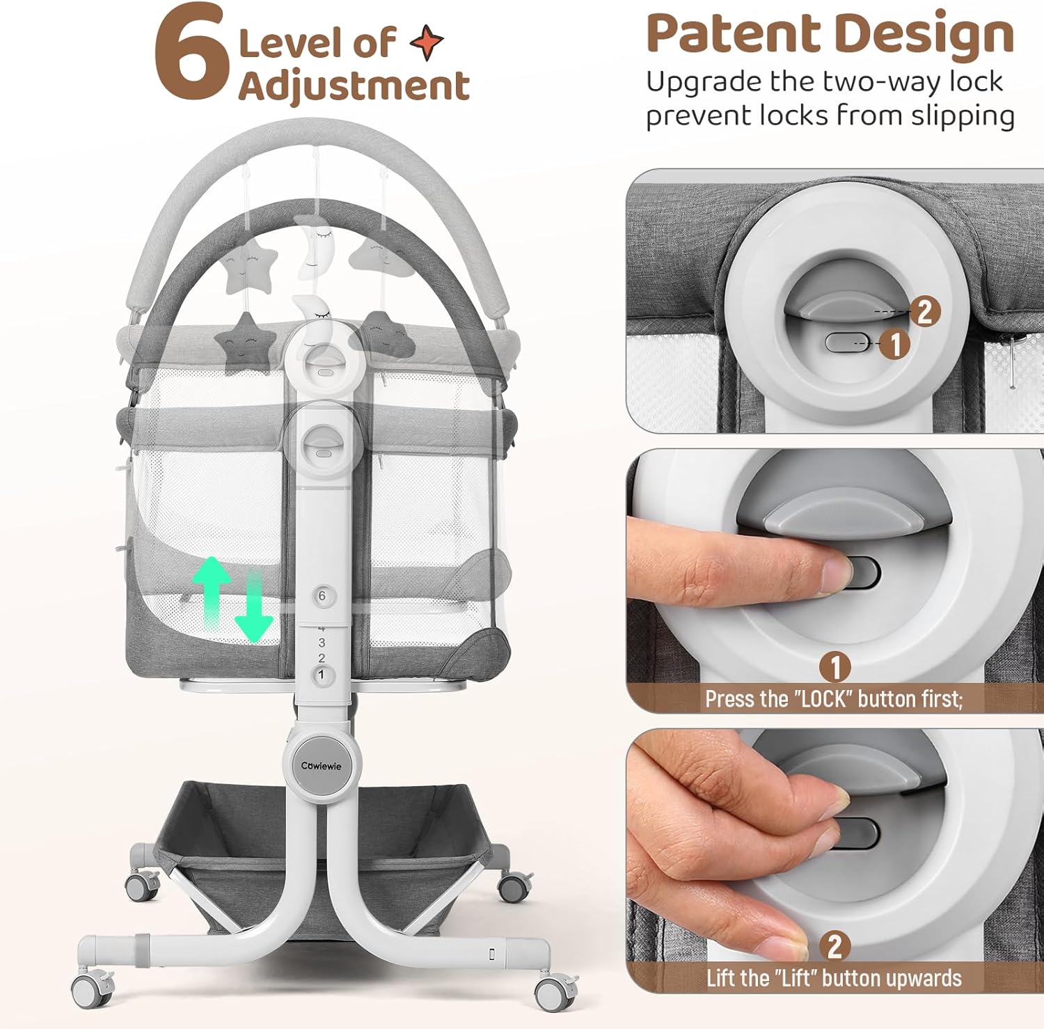 Cowiewie Baby Bassinet 4-Sided Mesh Bedside Sleeper with Wheels for Infant/Newborn Foldable Adjustable Height Portable Bedside Crib(Grey)