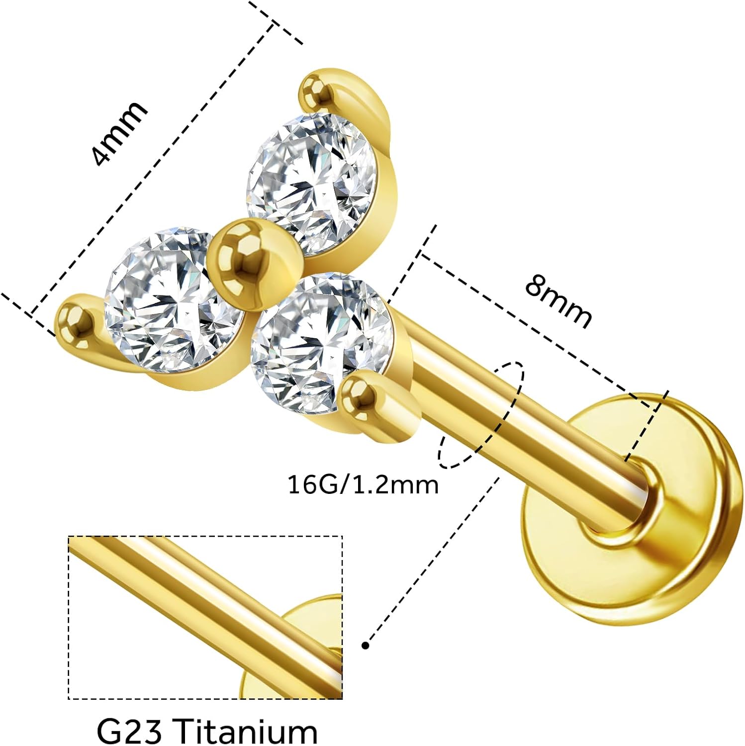 14K Yellow/White/Rose Gold Threadless Earring Top Push in 1 Pcs Triple Clear CZ Flat Back Nose Stud Threadless Cartilage Earring Helix Stud Tragus Piercing Jewelry for Women 6mm/8mm - Image 5