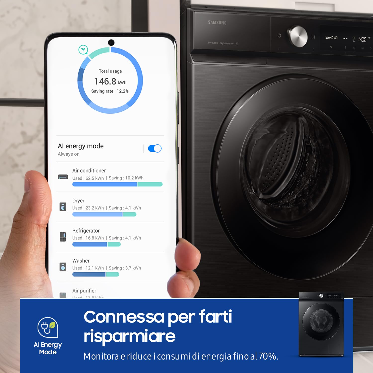 Samsung Lavatrice BESPOKE AI WW90DB7U94GB/U3 Libera installazione, 9 Kg, Ecodosatore, Super Speed, AI Wash, Corpo: Nero, Oblò: Nero, 60l x 85h x 60p cm