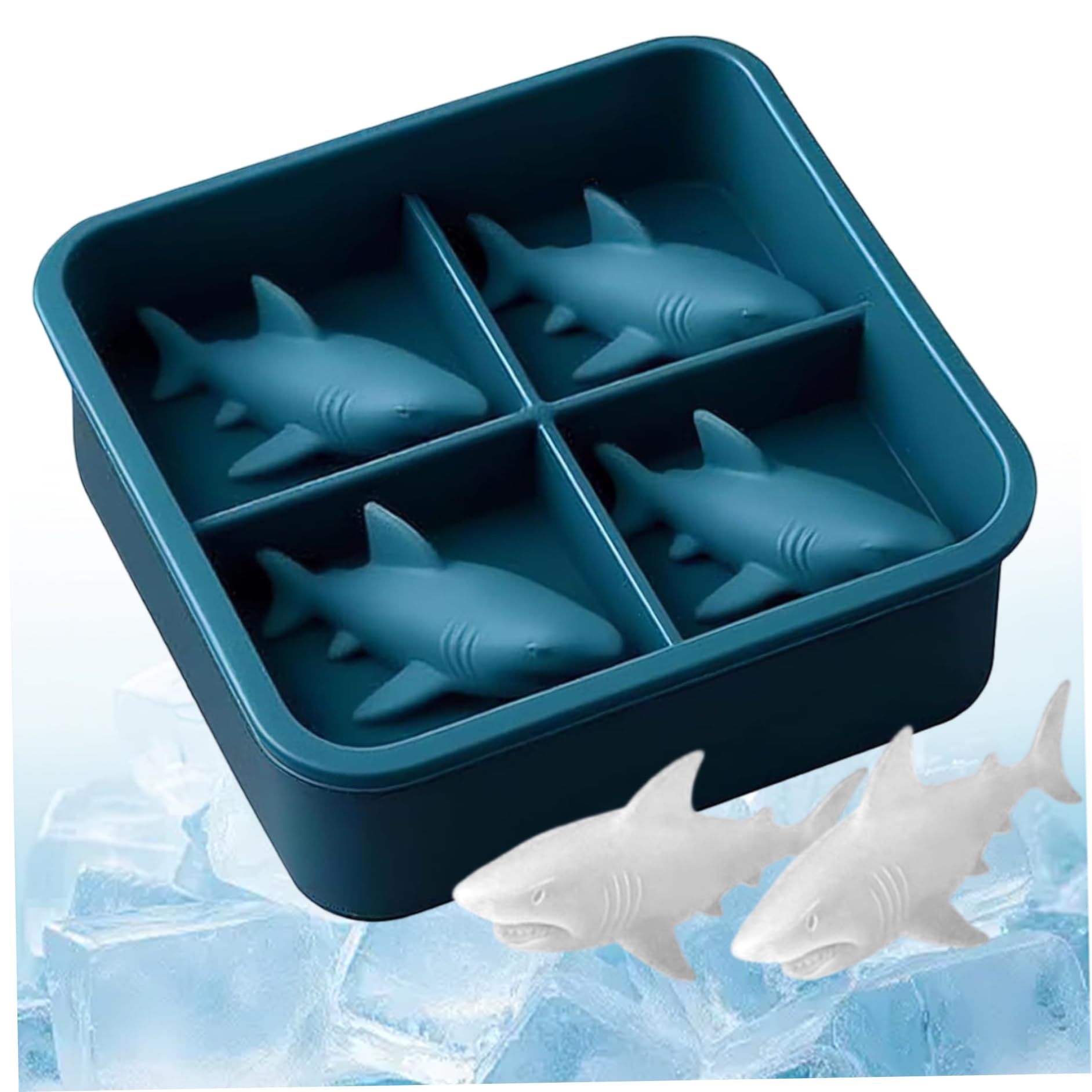 Takingup Ice Cube Tray 3D Shark Shape Ice Moulds 4 Cavity Non Stick Easy Release Silicone Molds for Whiskey Cocktails Juice