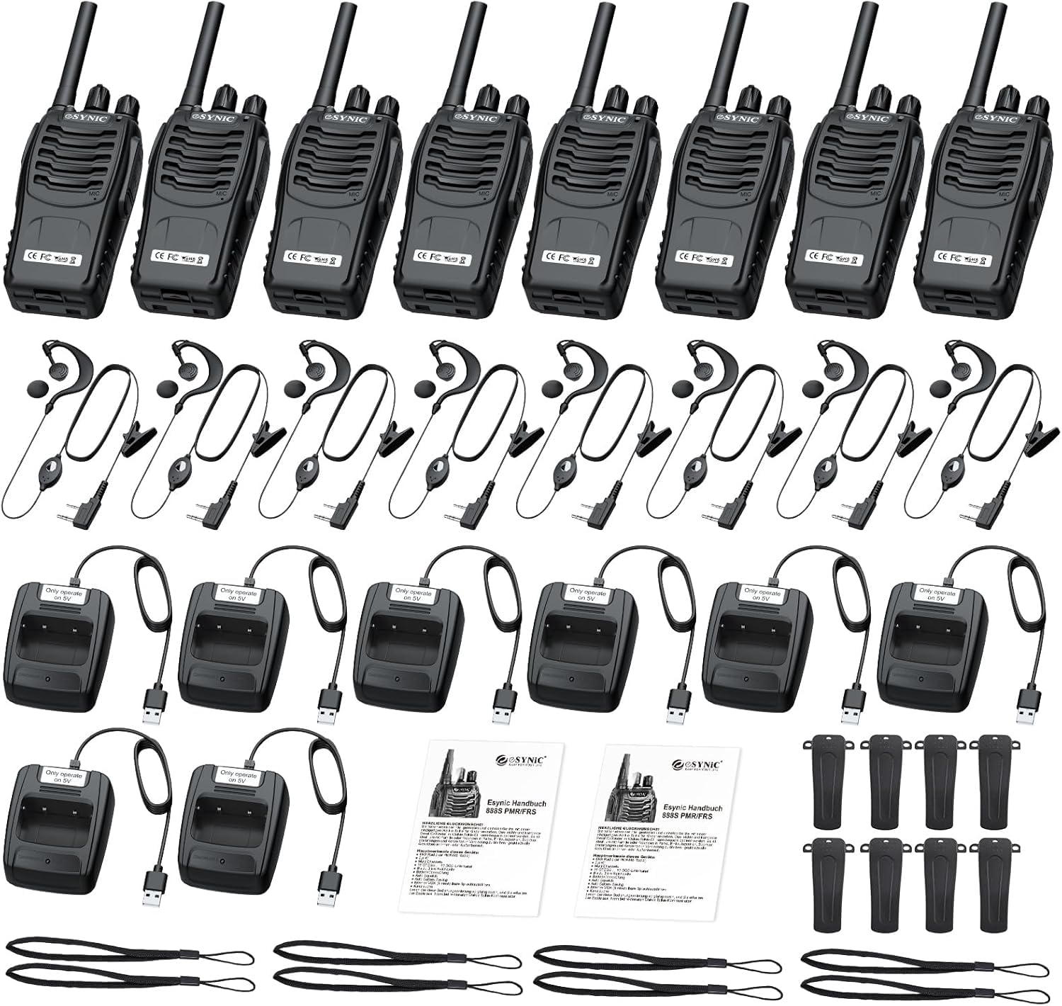 eSynic Wiederaufladbare Walkie Talkies – 8er Set PMR446 Lizenzfreie 2-Wege Radio mit 16 Kanälen, LED Taschenlampe, VOX Freisprechfunktion, Handgerät für Outdoor, Schule, Zuhause, Road Trip, Camping