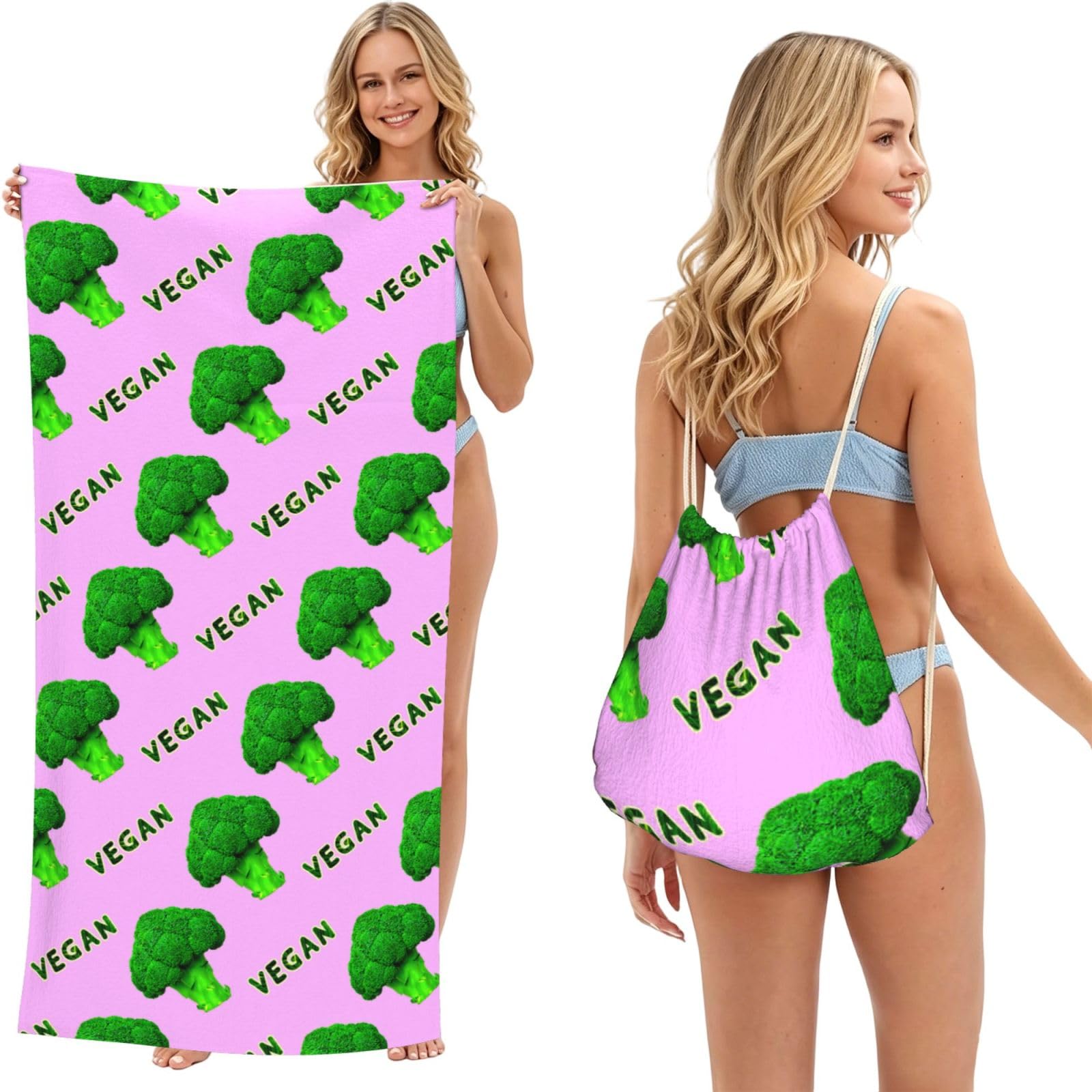 Poadnly As Picture Broccoli Vegan Green Pink, 2 In 1 Packable Towel Bag, Beach Towels With Drawstring Backpack For Travel Holiday Camping