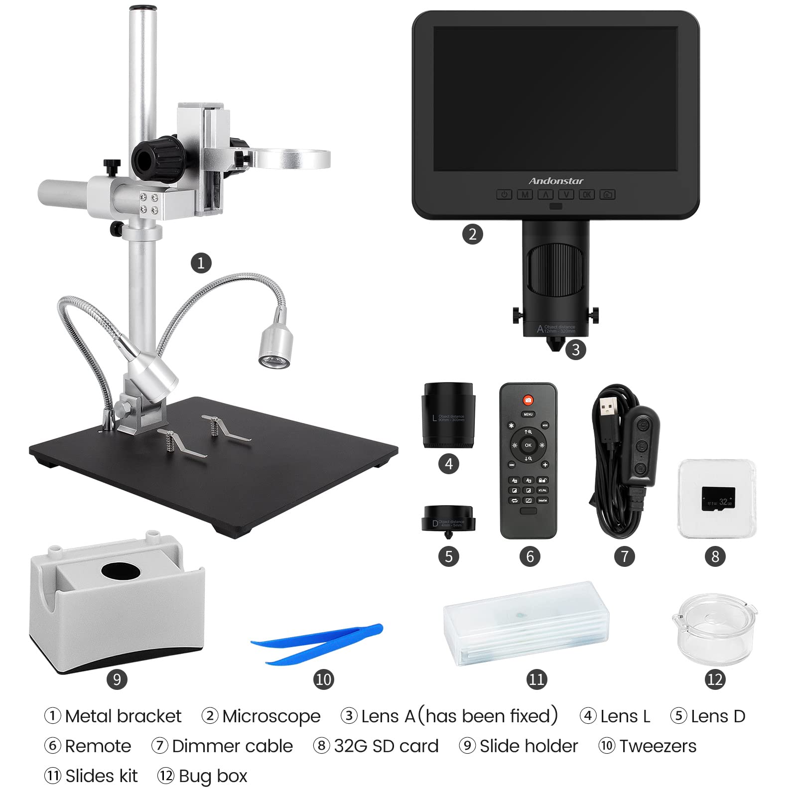 Andonstar AD246-M Microscopio Digital para Adultos, Microscopio de Soldadura de 3 Lentes, grabación de vídeo FHD 1080P, LCD de 7 Pulgadas 500x, Kit de microscopio biológico con Tarjeta 32G