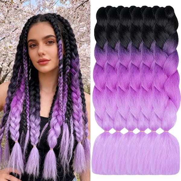 Capelli Extension Per Treccine Africane Capelli,ShowJarlly 5 Pc Ombre Jumbo Treccia Capelli, 24"Sintetici Intrecciare I Capelli Estensioni Per Crochet Torsione Nero/Viola scuro/Viola chiaro - 1