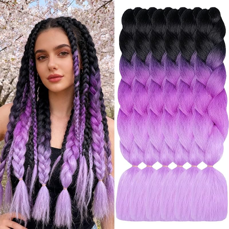 Capelli Extension Per Treccine Africane Capelli,ShowJarlly 5 Pc Ombre Jumbo Treccia Capelli, 24"Sintetici Intrecciare I Capelli Estensioni Per Crochet Torsione Nero/Viola scuro/Viola chiaro