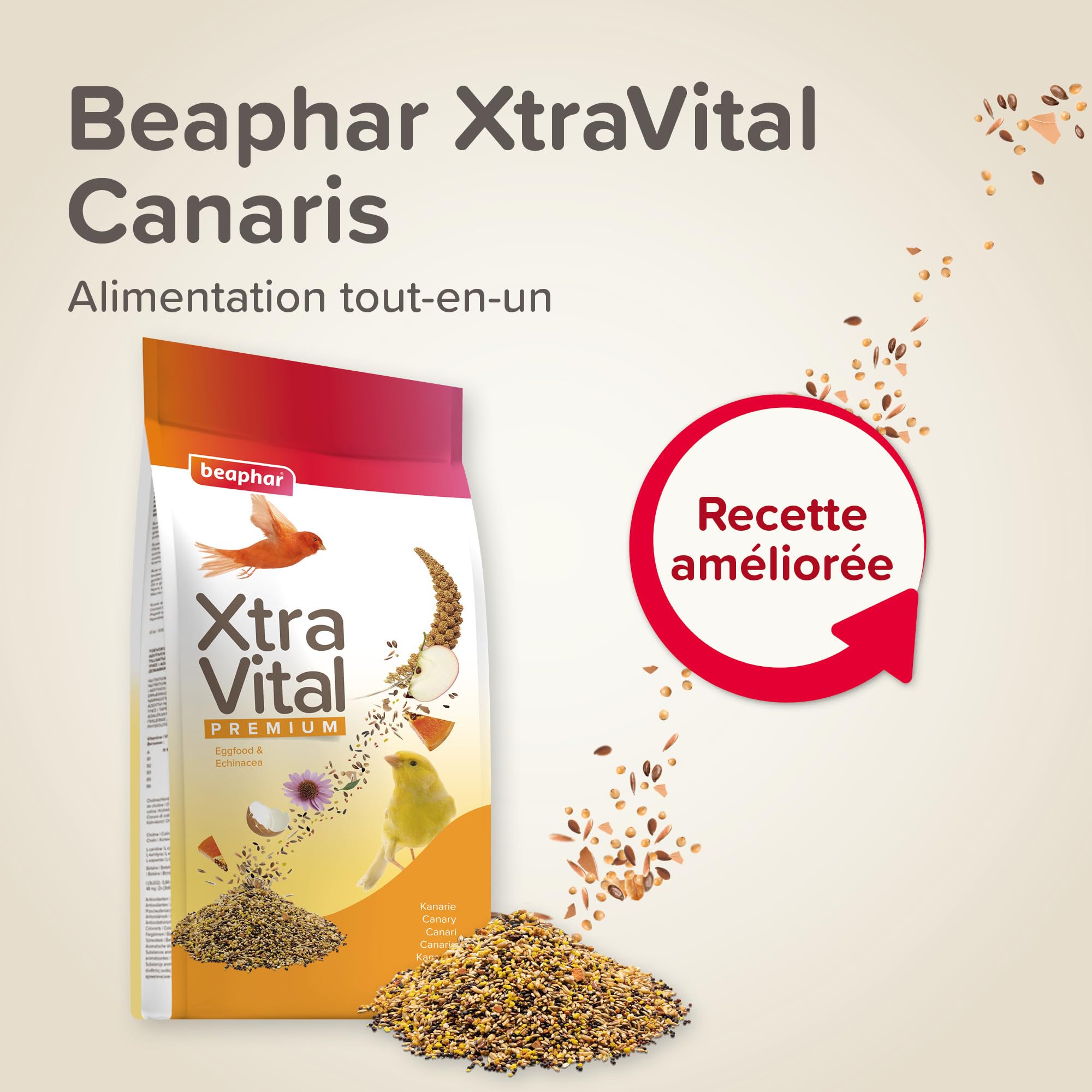 Beaphar Xtravital Canarios - Alimentación Premium - Contiene Frutas, Semillas y Cereales - Fortalece su Sistema inmunológico - Proporciona un Plumaje denso y Mantiene en Buena Salud - 500g
