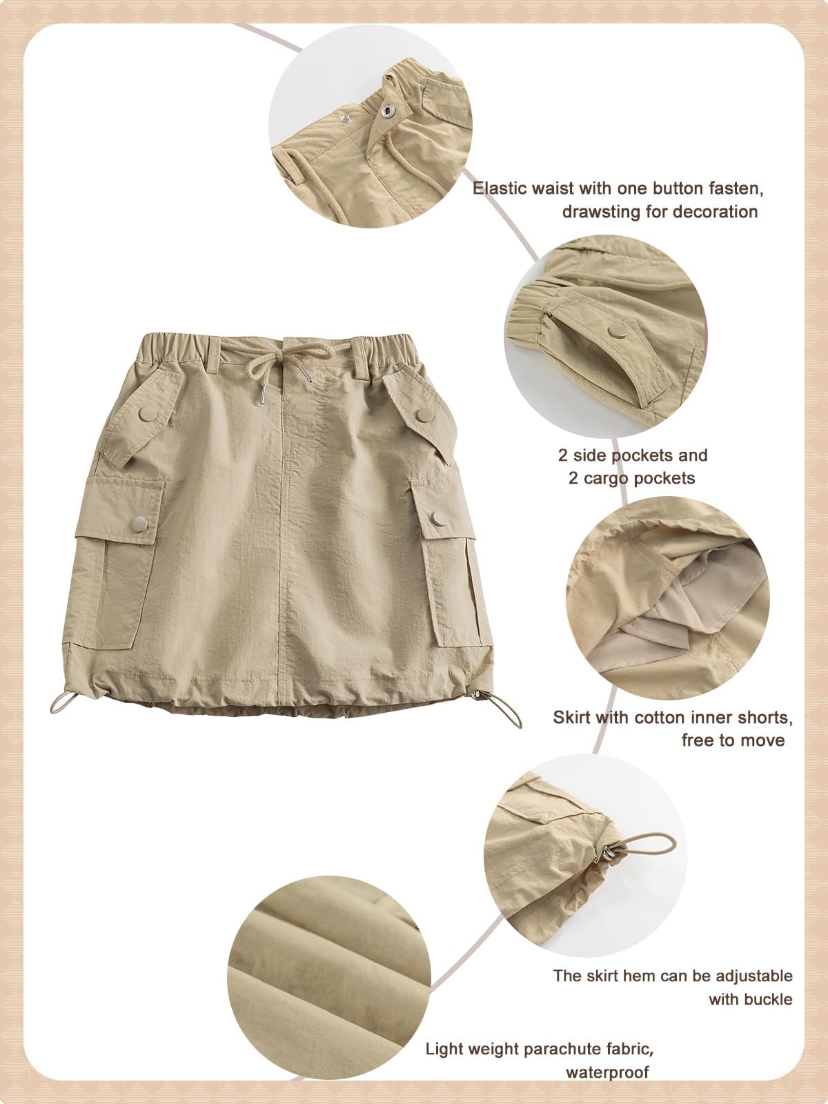 Rolanko Faldas para Niñas Pantalones Cortos Interiores con Bolsillos Cargo Skort Cintura Elástica
