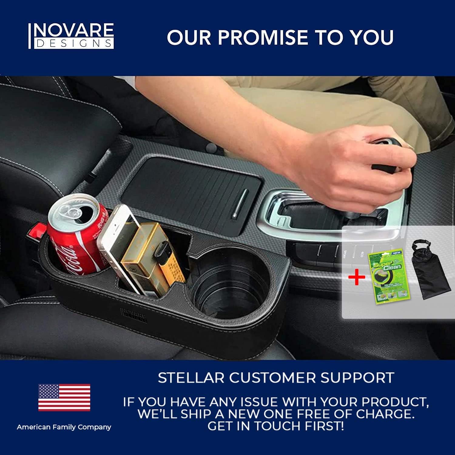 Car Seat Gap Filler, Side Insert Multifunctional Center Console Pocket Organizer and Storage Between Front Seats Extra Cup, Drink, Sunglass (2 Cup Holders Black with Black Stitching   1 pack) Photo