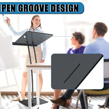 Acrylic Podium with Iron Stable Base & Pen Slot, Black Pulpit Lectern with 10mm Thickened Acrylic Reading Platform, Podium Stand for Church, Lecture, Wedding, Classroom(16 