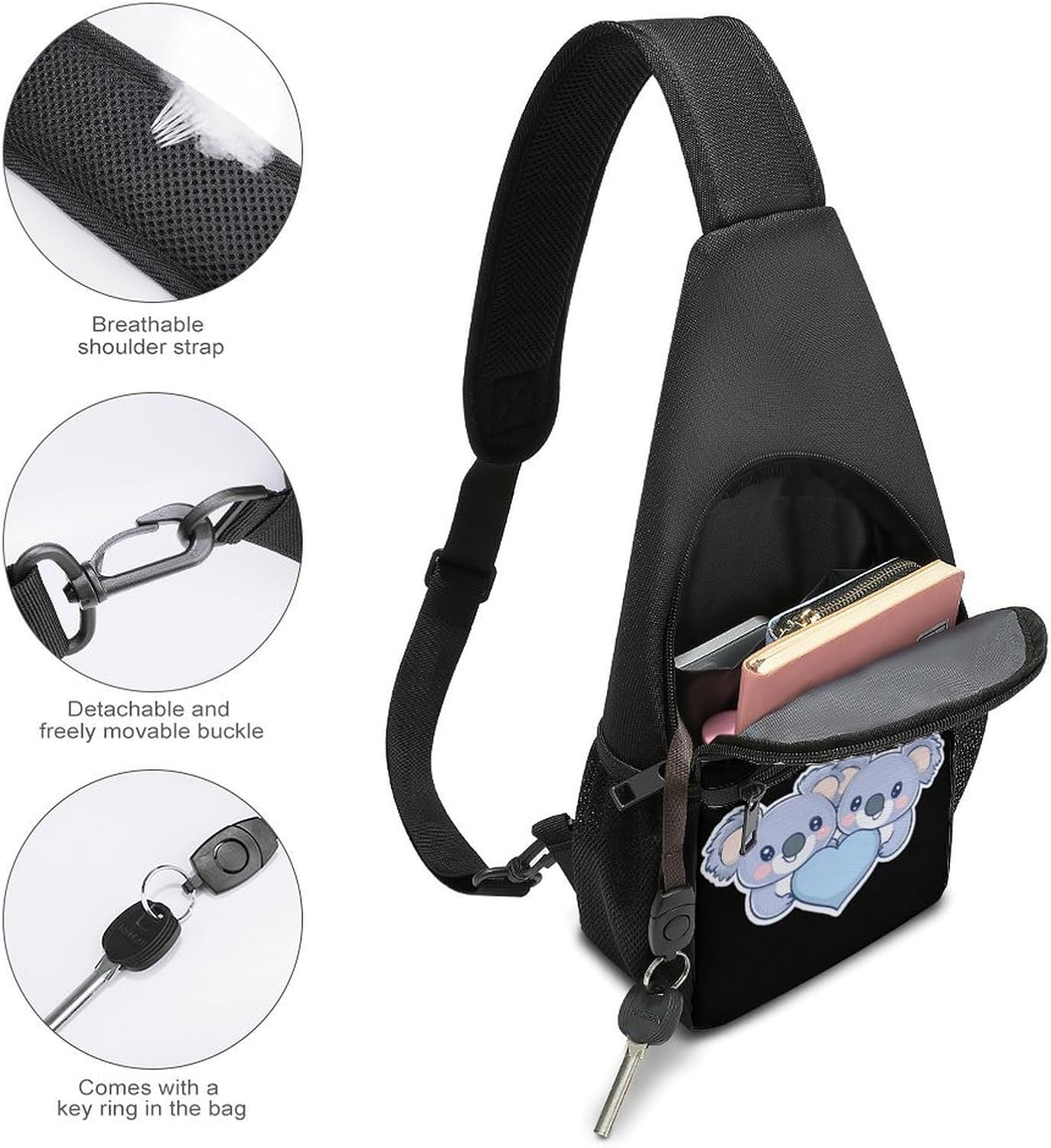 Cute Koalas With Love Heart Crossbody Sling Backpack Chest Bag Daypack | unisex,trendy,with convertible and detachable shoulder strap,side pockets