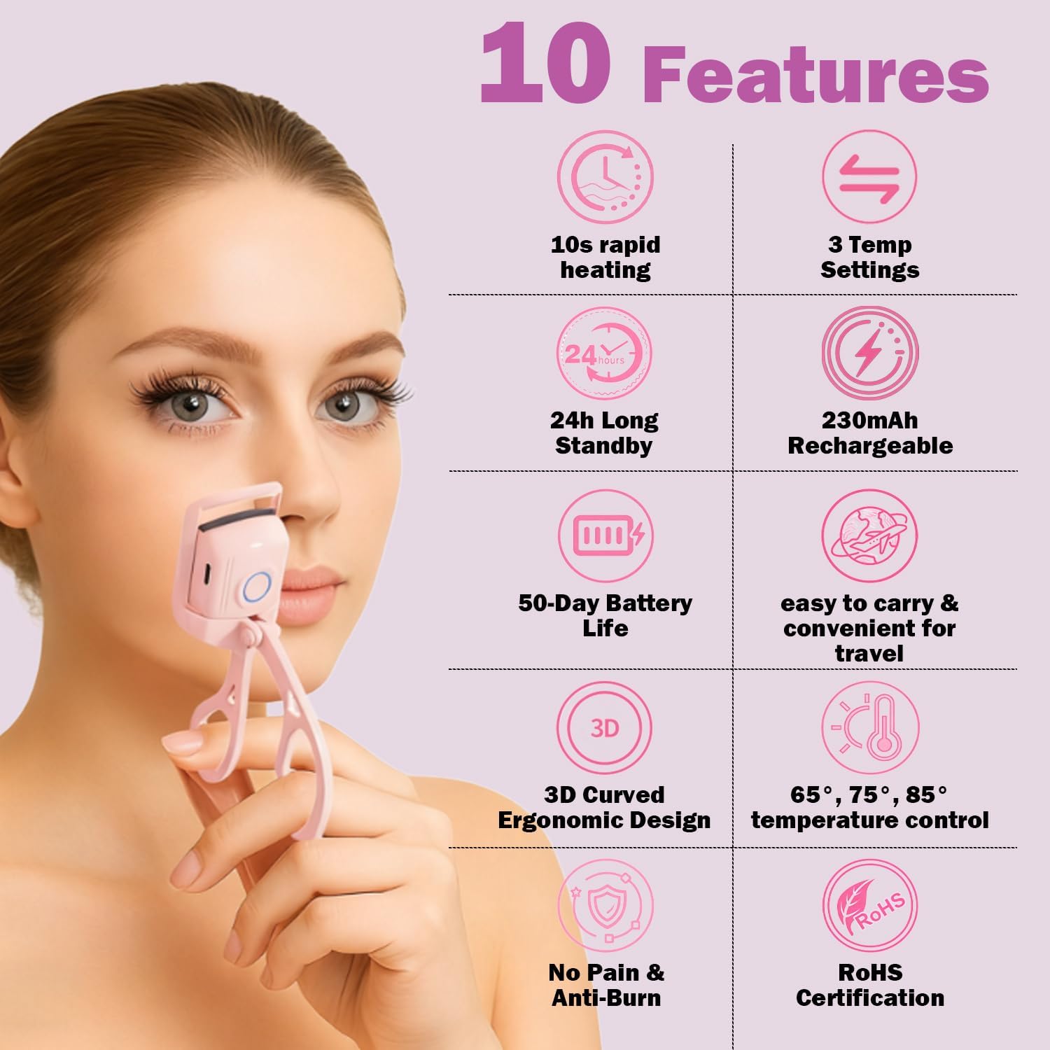 Heated Eyelash Curler, Rechargeable Electric Eyelash Curler, 3-Level Temperature Control, 24 Hour Long Lasting Curl, Suitable for All Beauty Enthusiasts - Image 2